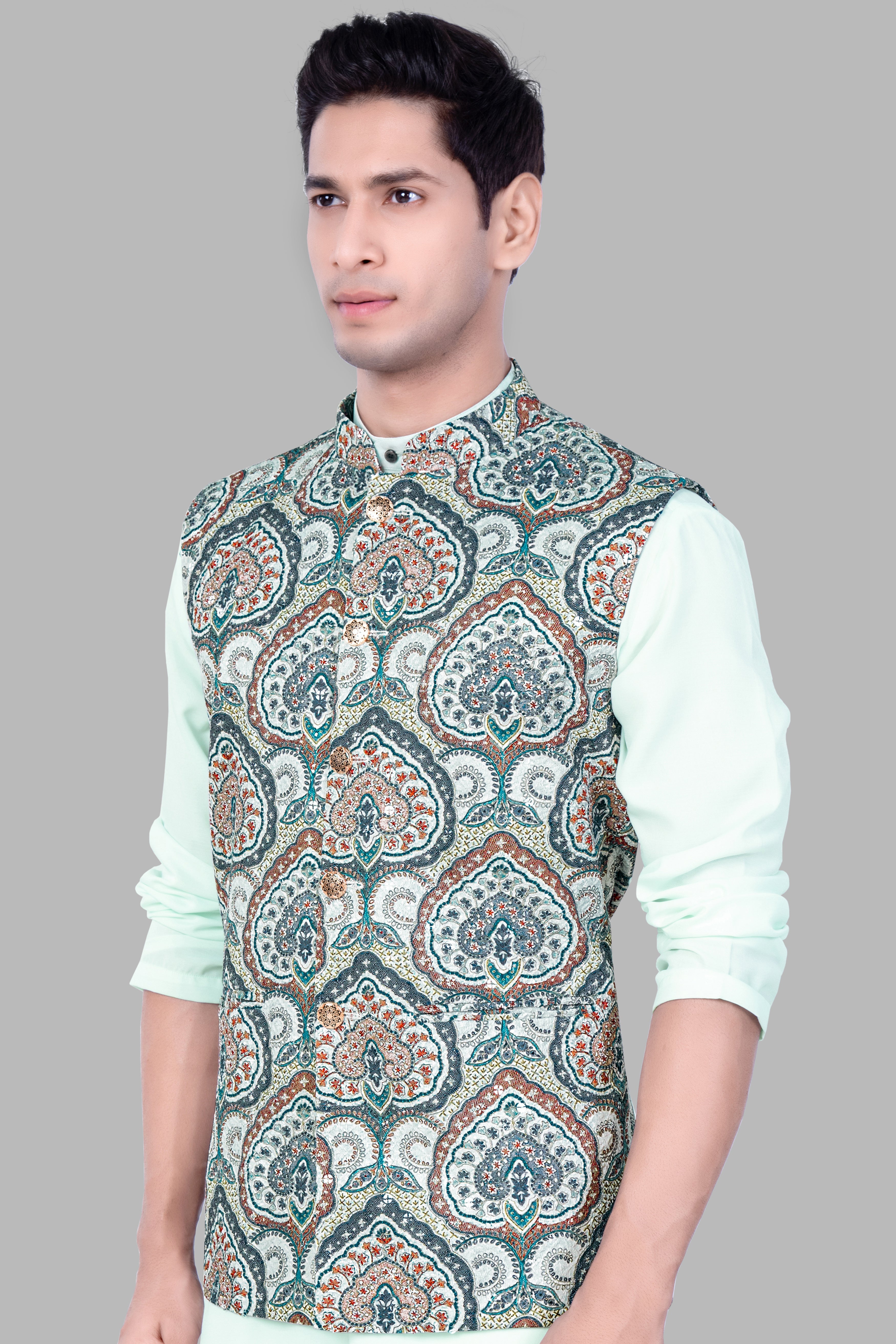 Shiraz Blue And Hippie Red MultiColour Embroidered Nehru Jacket