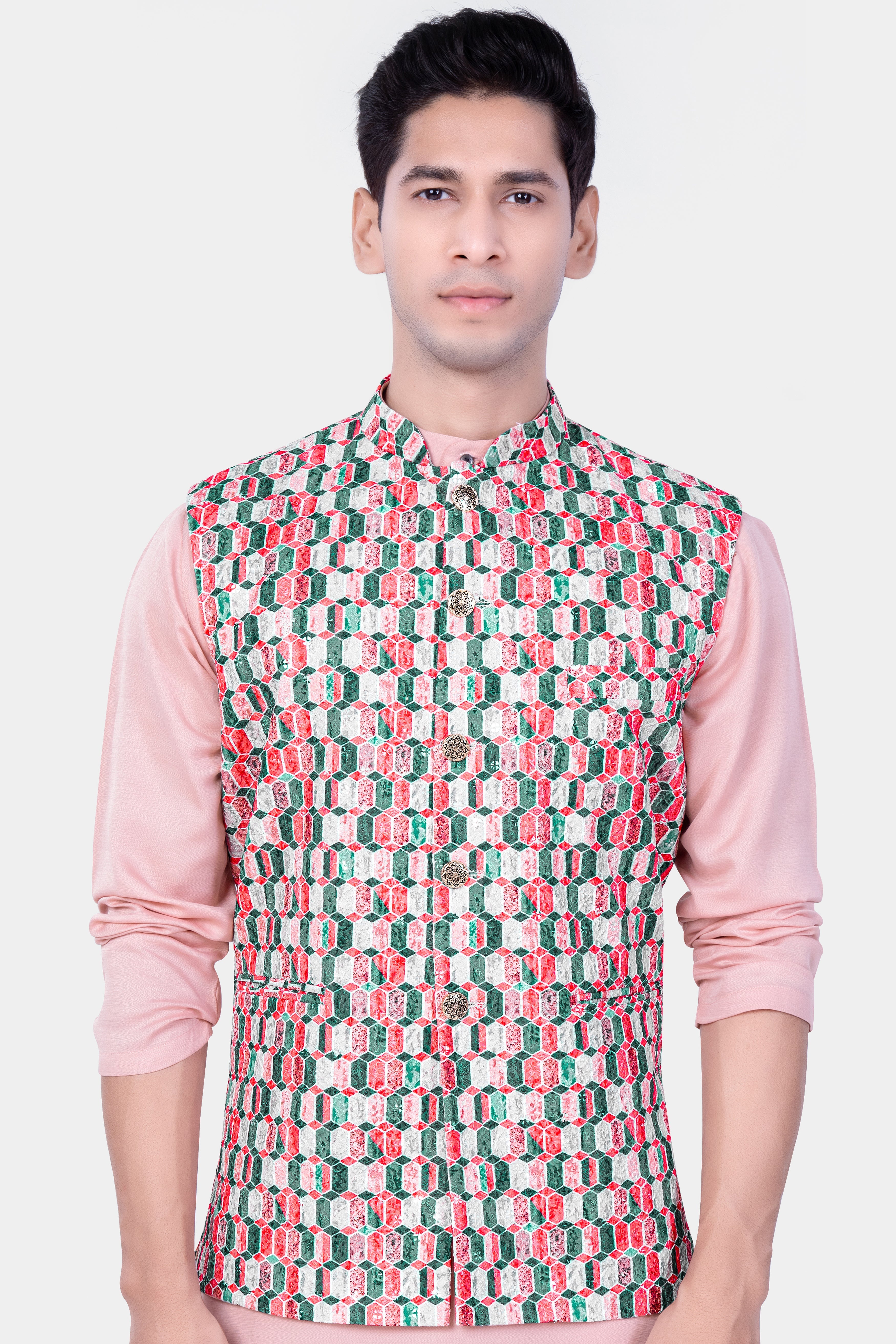 Misty Rose And Persian Green MultiColour Embroidered Nehru Jacket