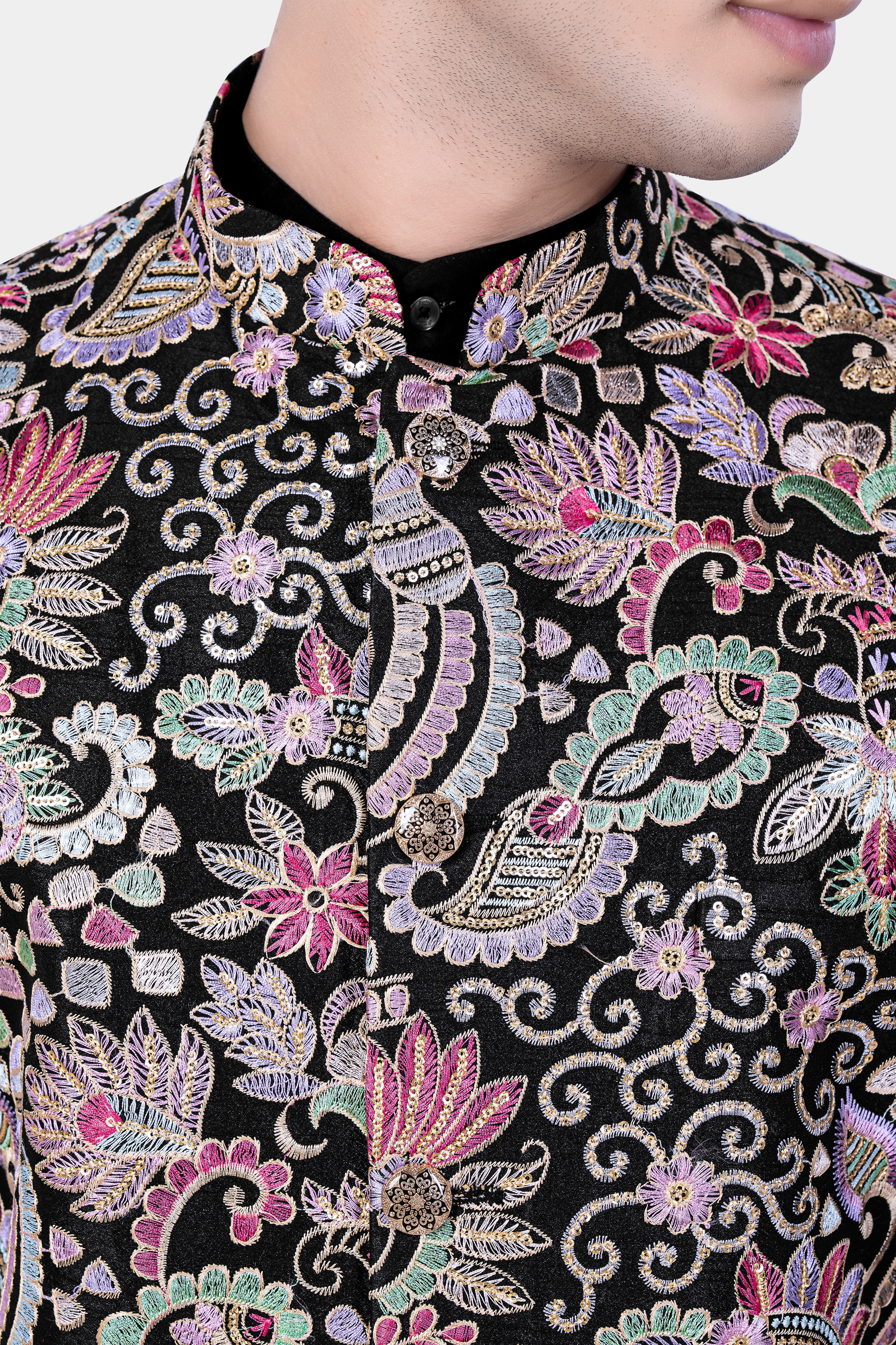 Jade Black And Amethyst Purple MultiColour Designer Embroidered Nehru Jacket