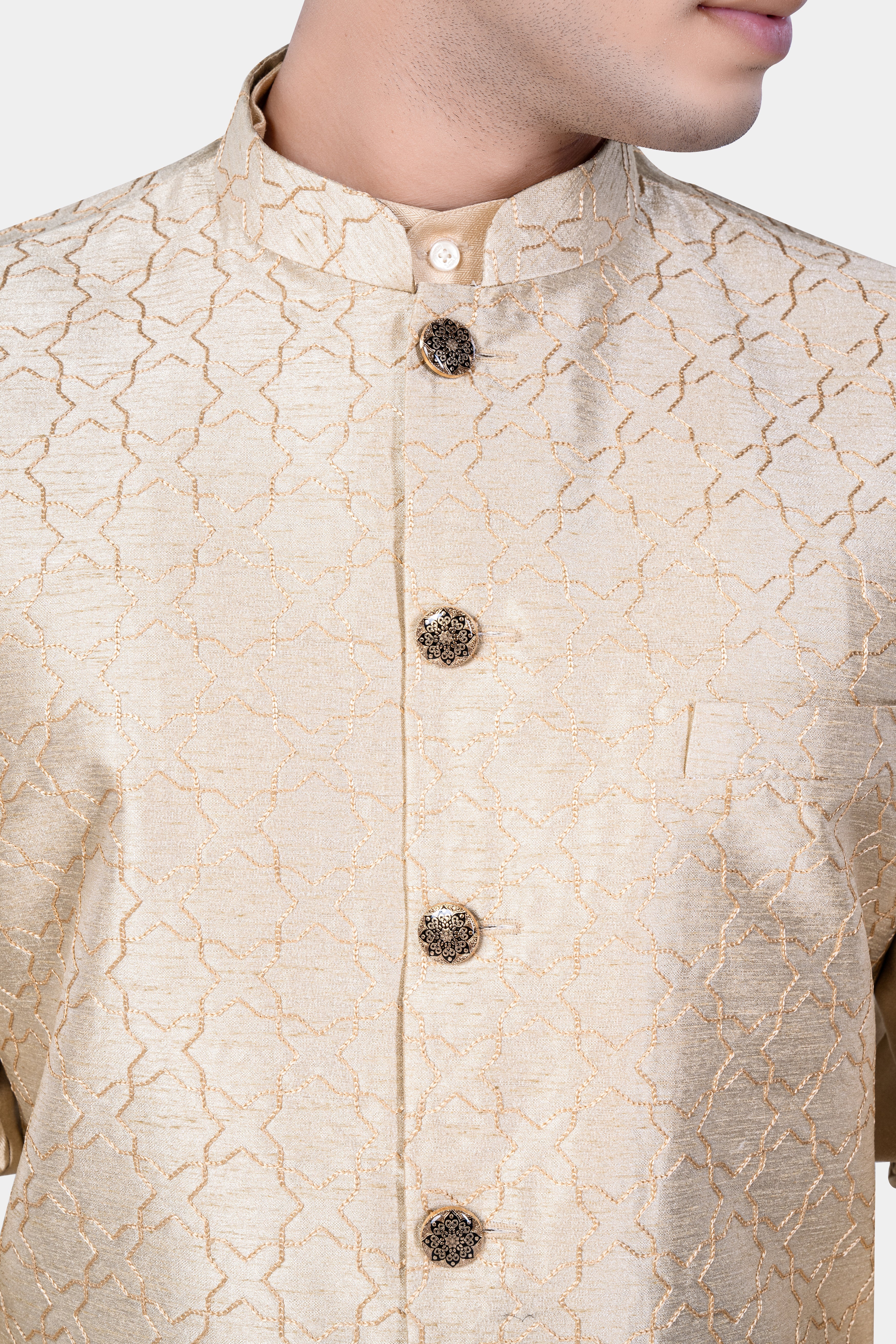 Pearl Bush Cream hexagon Designer Embroidered Nehru Jacket