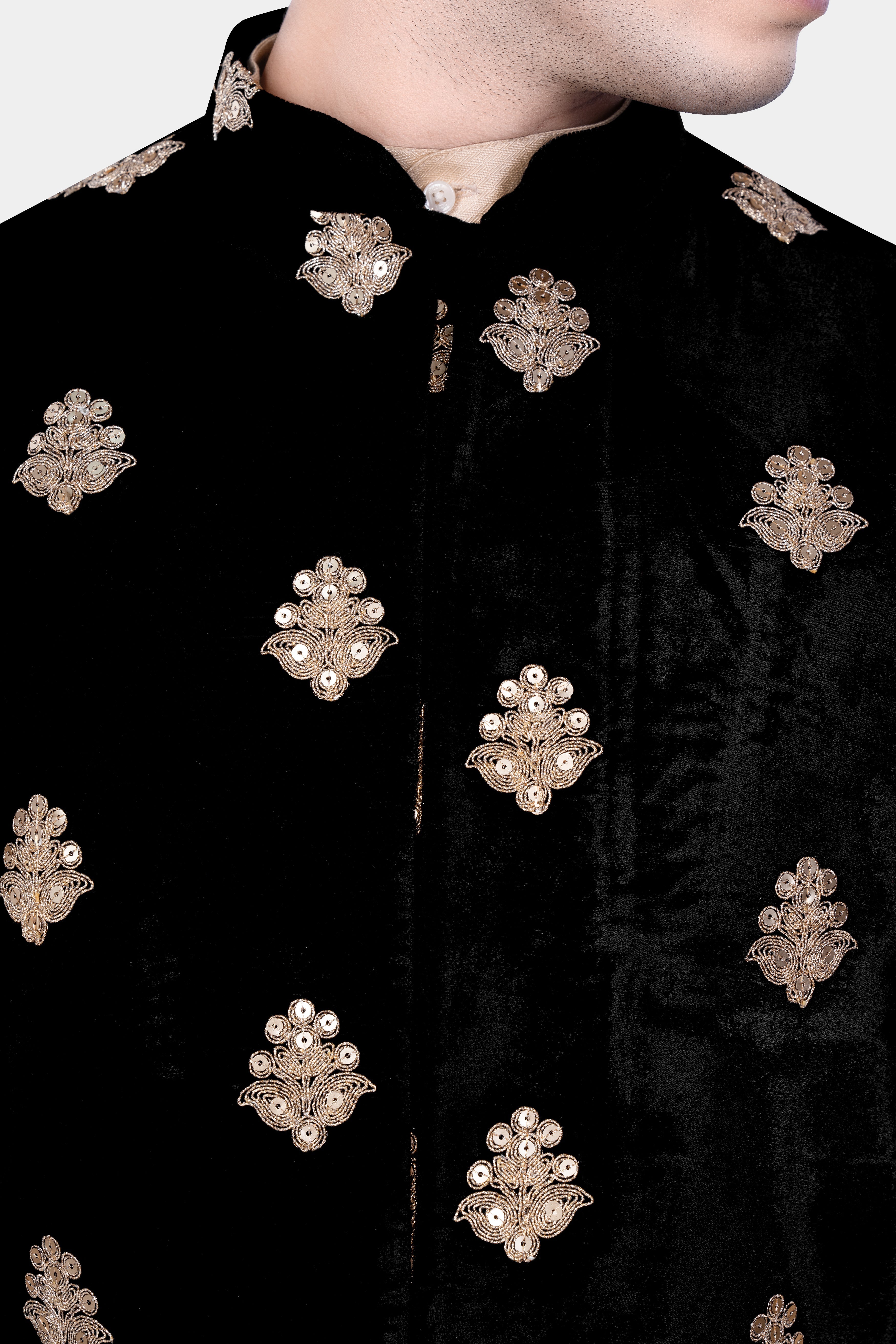 Jade Black Designer Velvet Sequin And Thread Embroidered Nehru Jacket