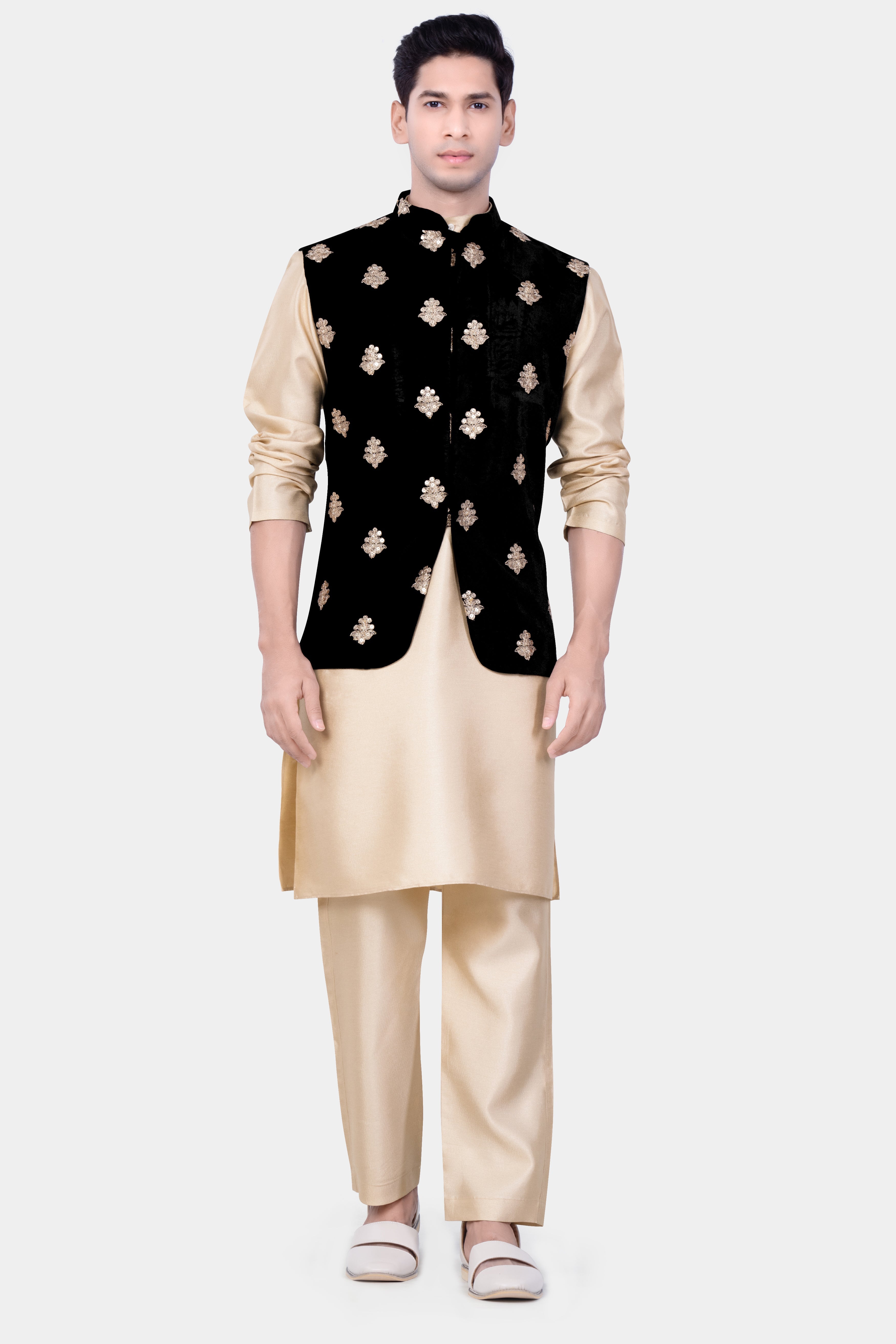 Jade Black Designer Velvet Sequin And Thread Embroidered Nehru Jacket