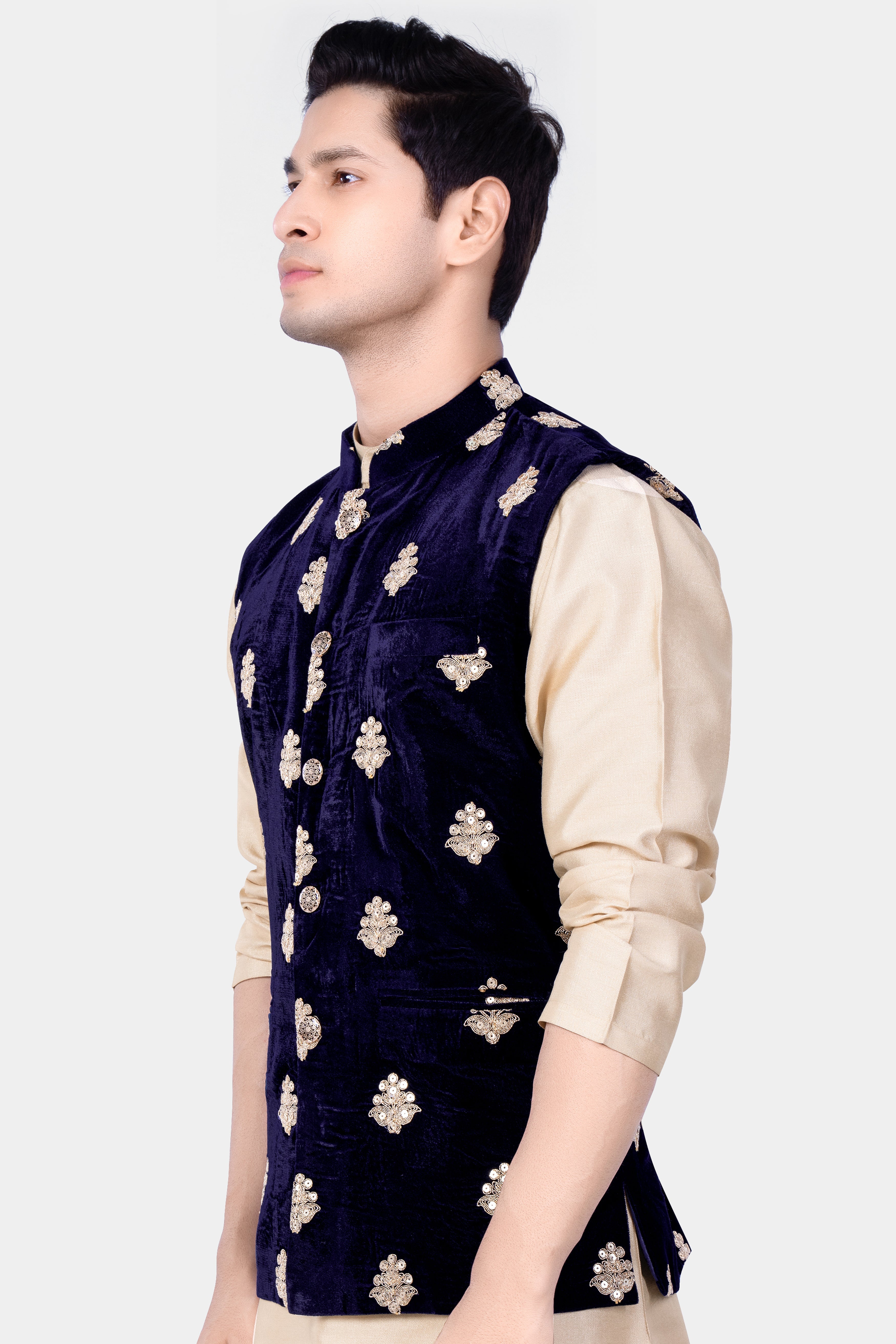 Cinder Blue Designer Velvet Sequin And Thread Embroidered Nehru Jacket