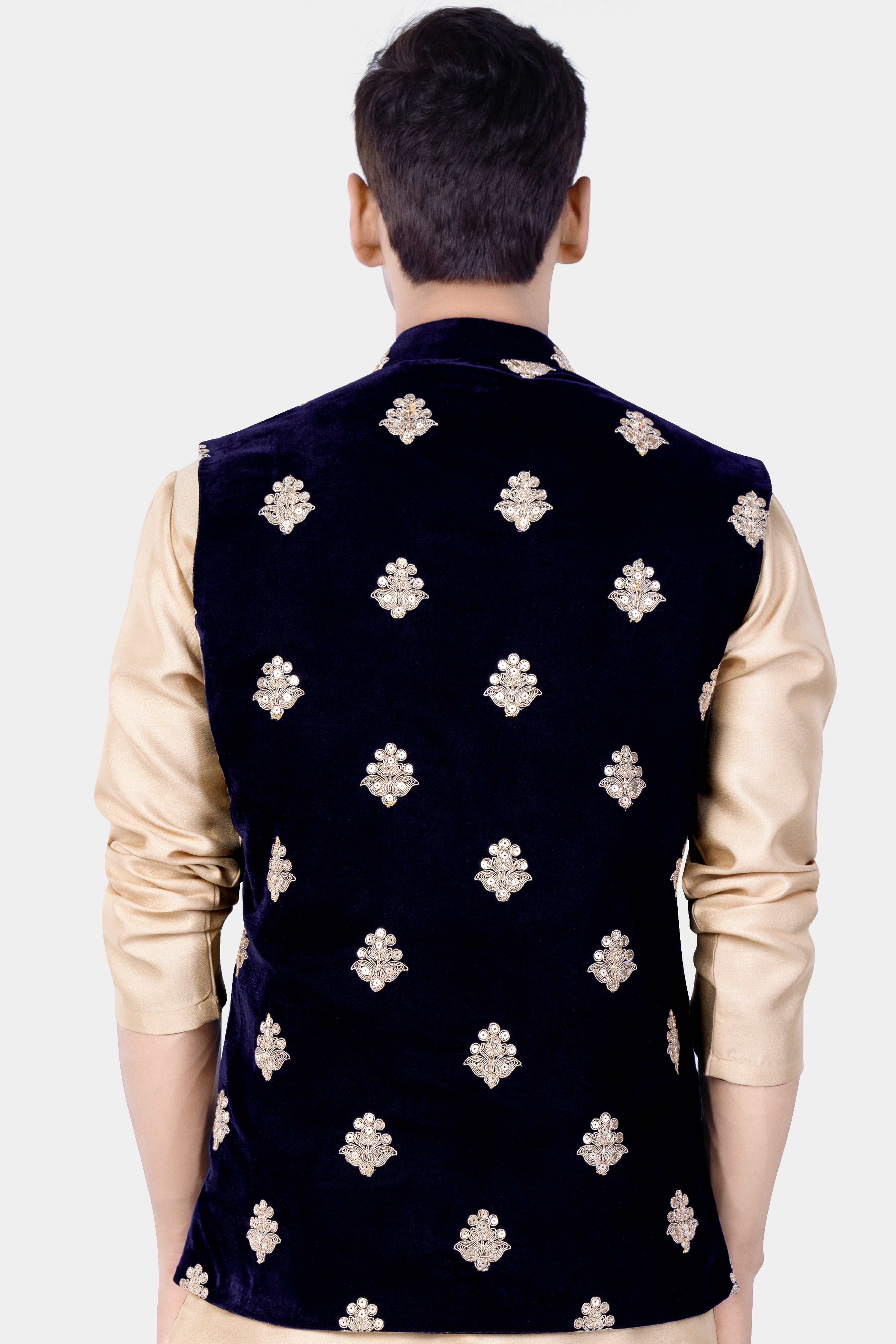 Cinder Blue Designer Velvet Sequin And Thread Embroidered Nehru Jacket