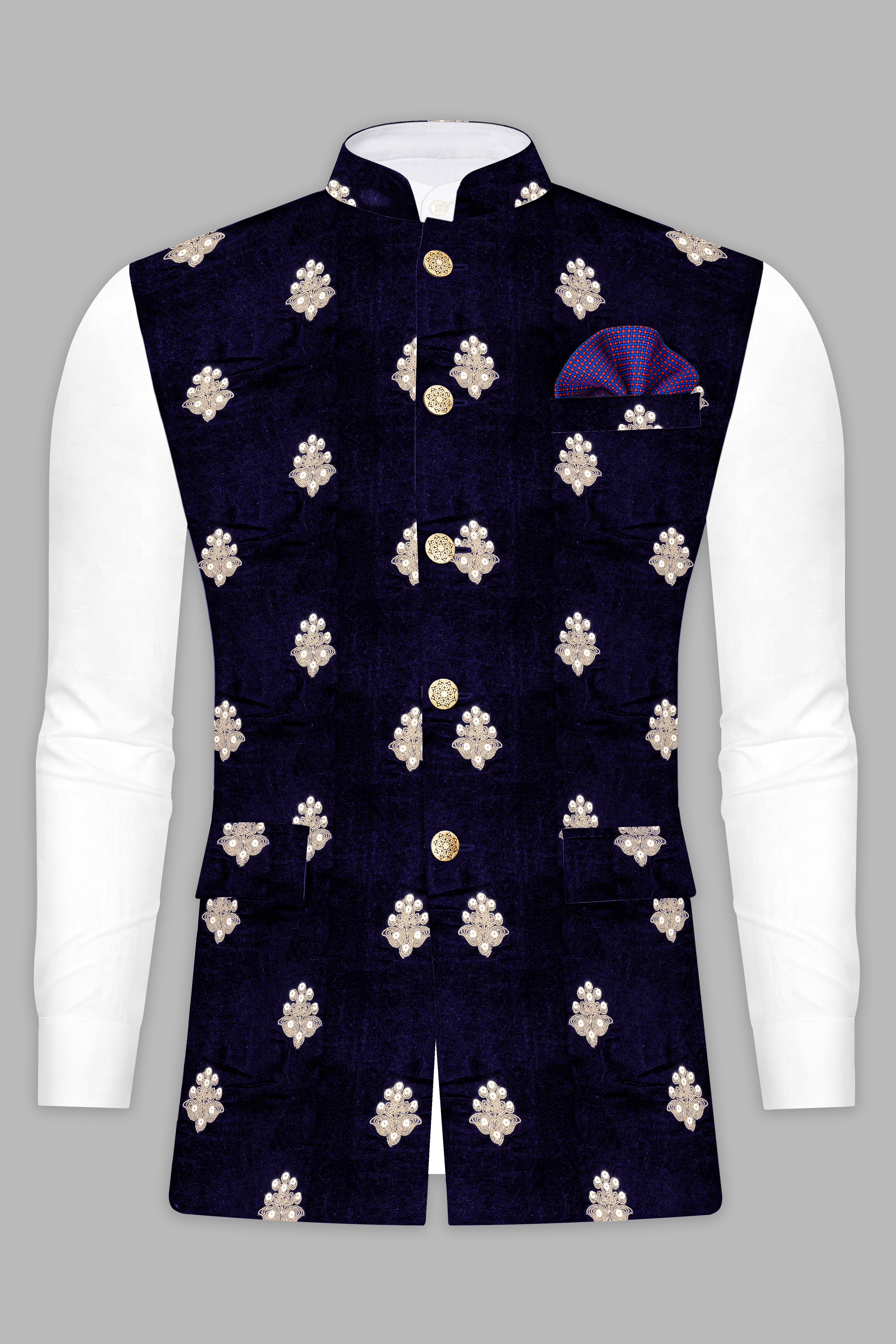 Cinder Blue Designer Velvet Sequin And Thread Embroidered Nehru Jacket