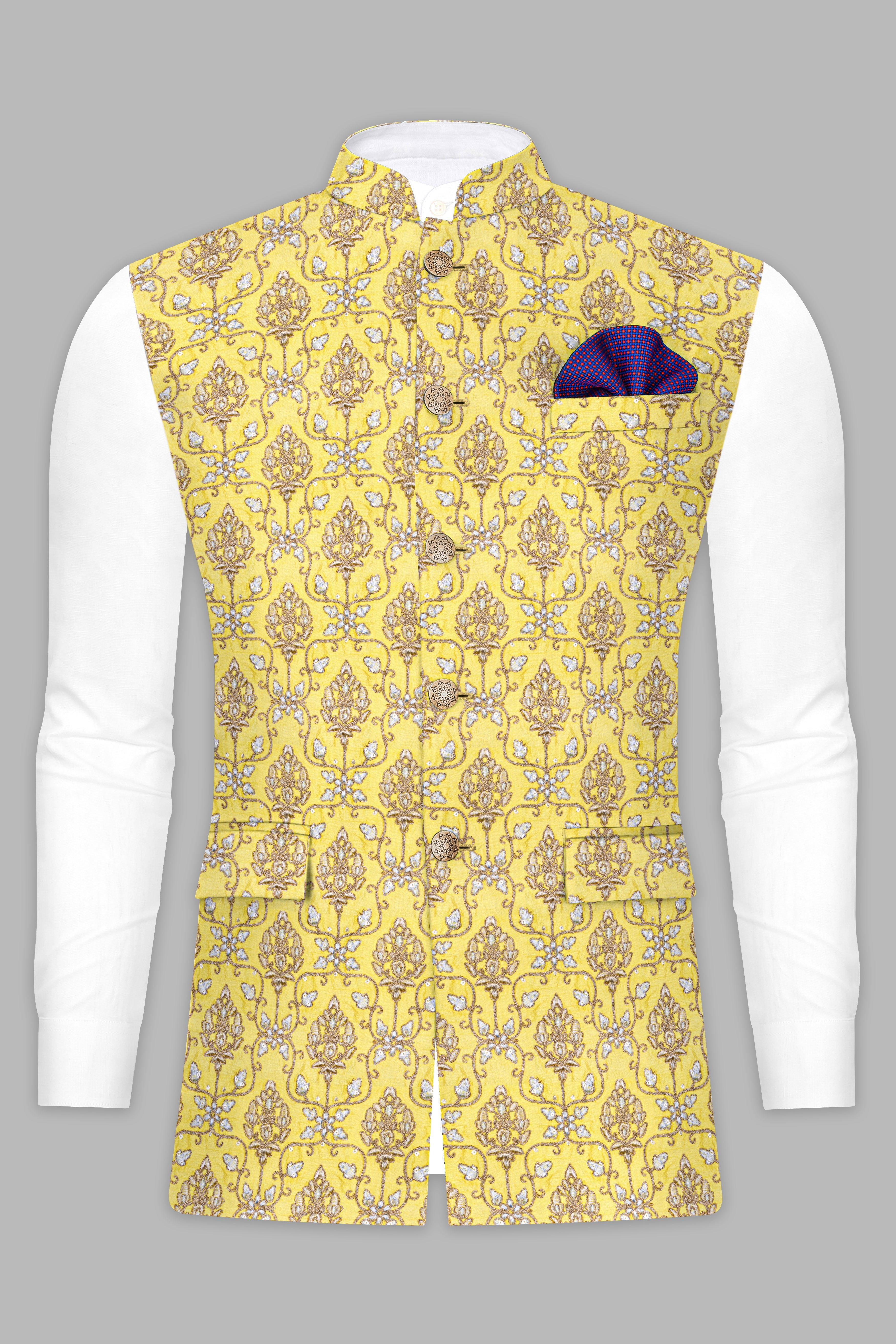 Marigold Yellow And Quicksand Brown Thread Embroidered Nehru Jacket