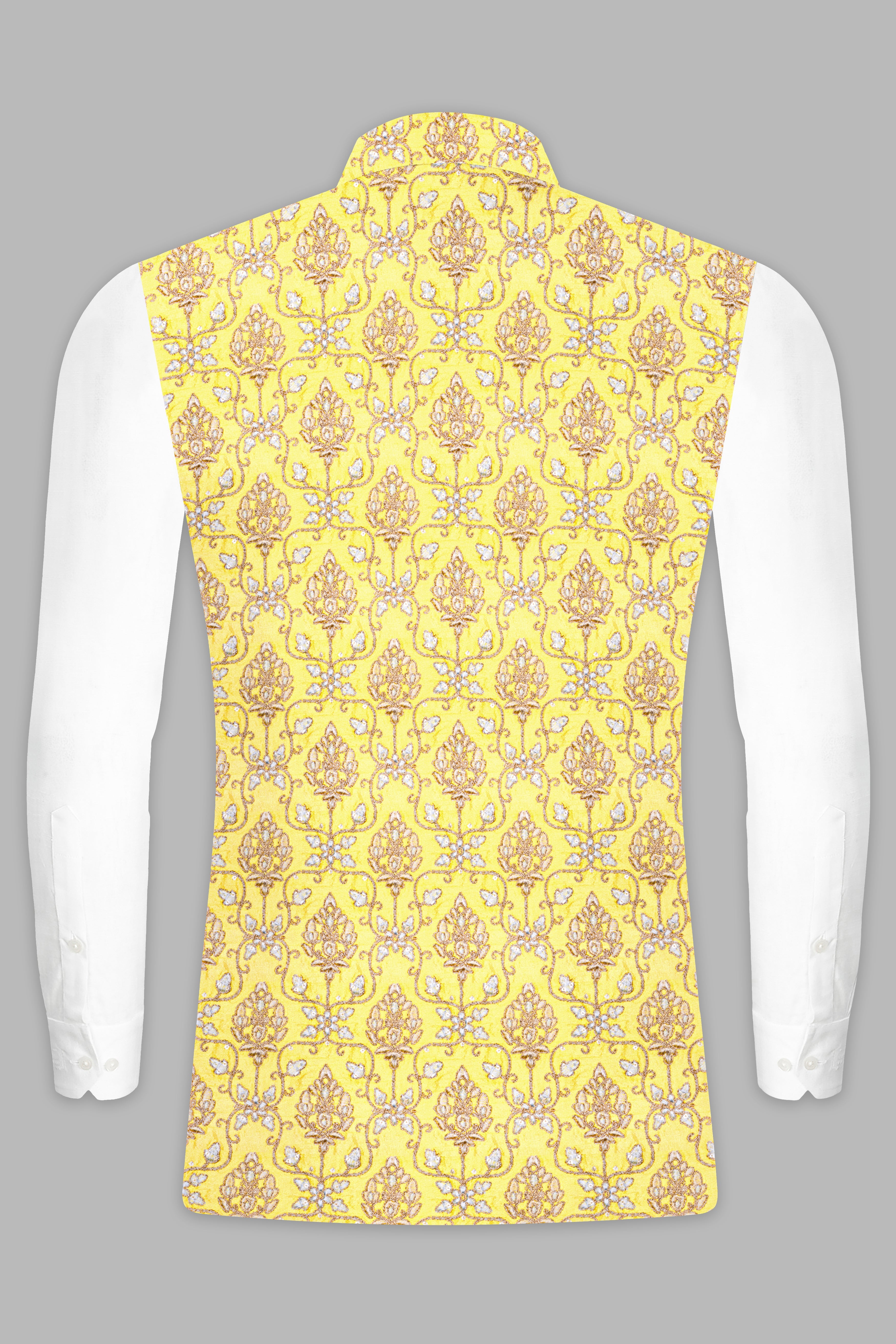 Marigold Yellow And Quicksand Brown Thread Embroidered Nehru Jacket