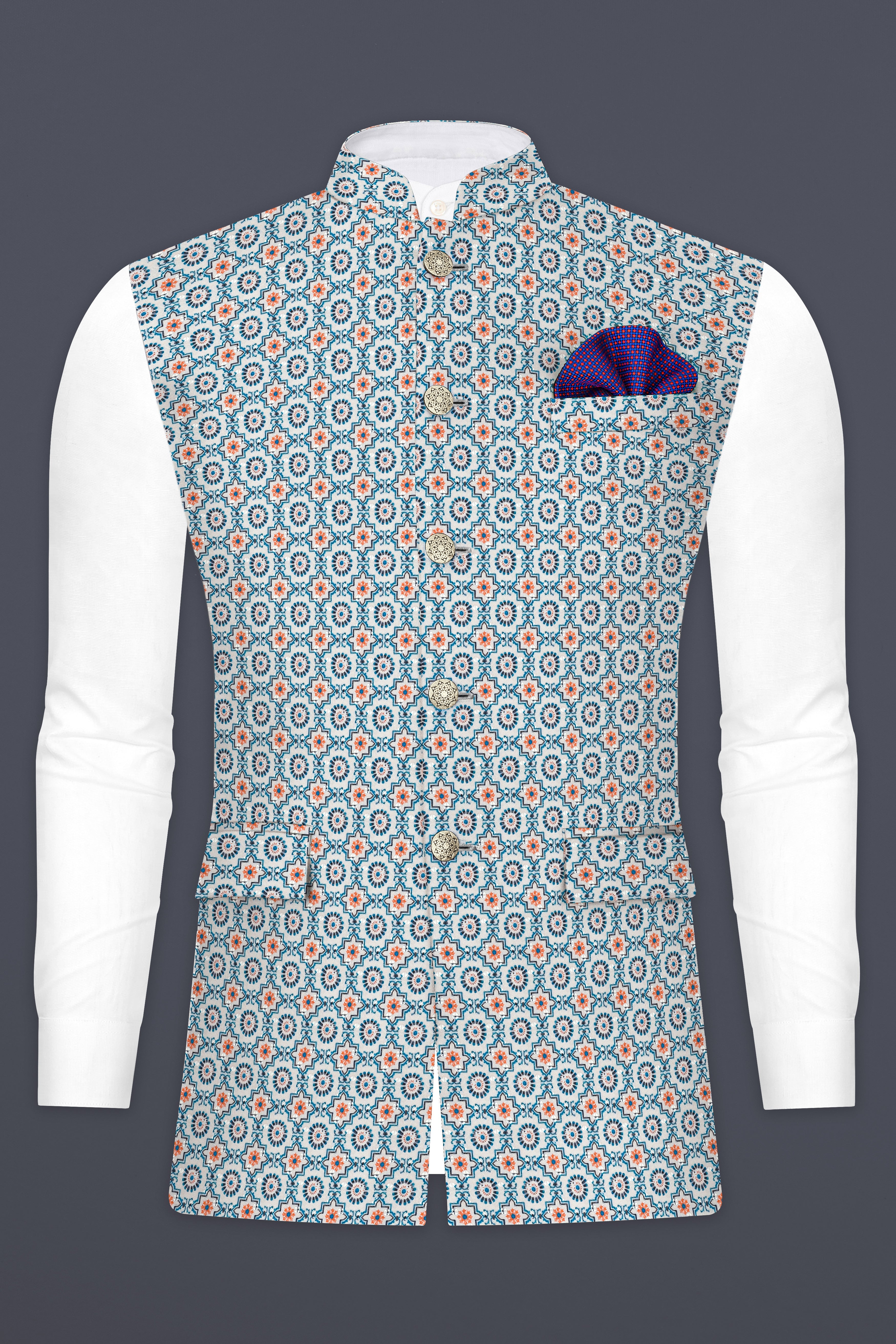 Persian Blue And Crusta Orange hexagon Thread Embroidered Nehru Jacket
