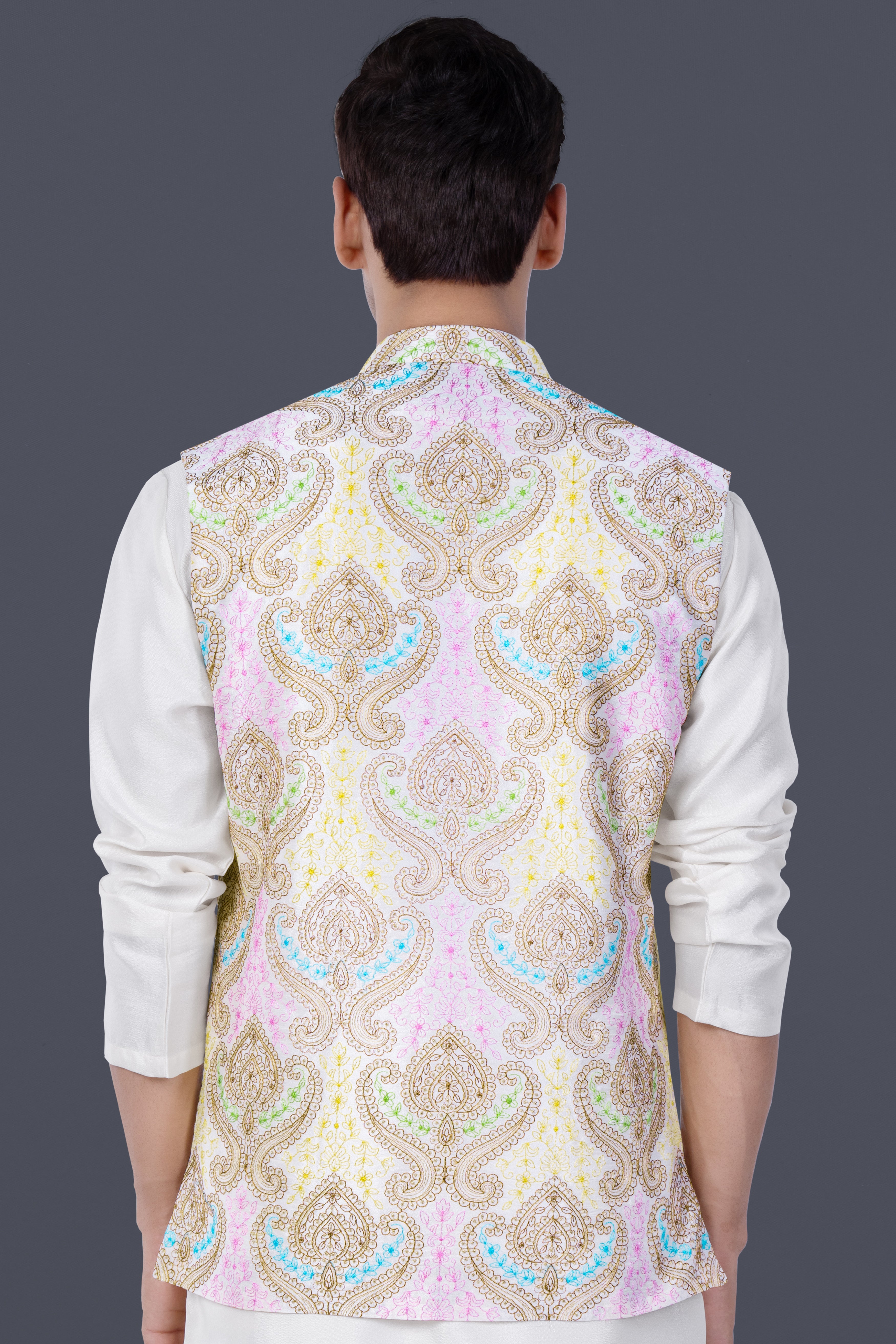 Neon Fuchsia Pink And Starship Yellow MultiColour Embroidered Nehru Jacket