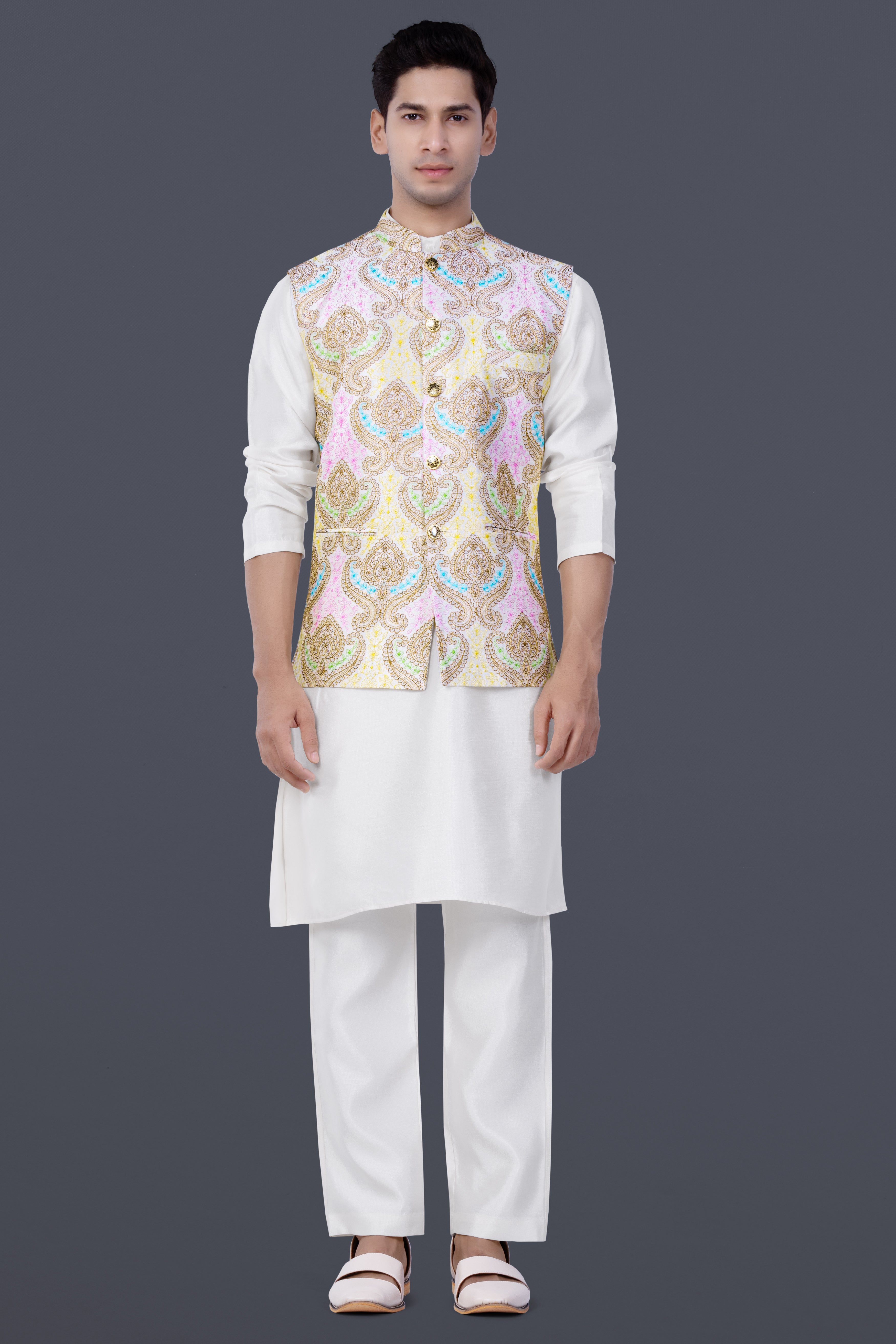 Neon Fuchsia Pink And Starship Yellow MultiColour Embroidered Nehru Jacket