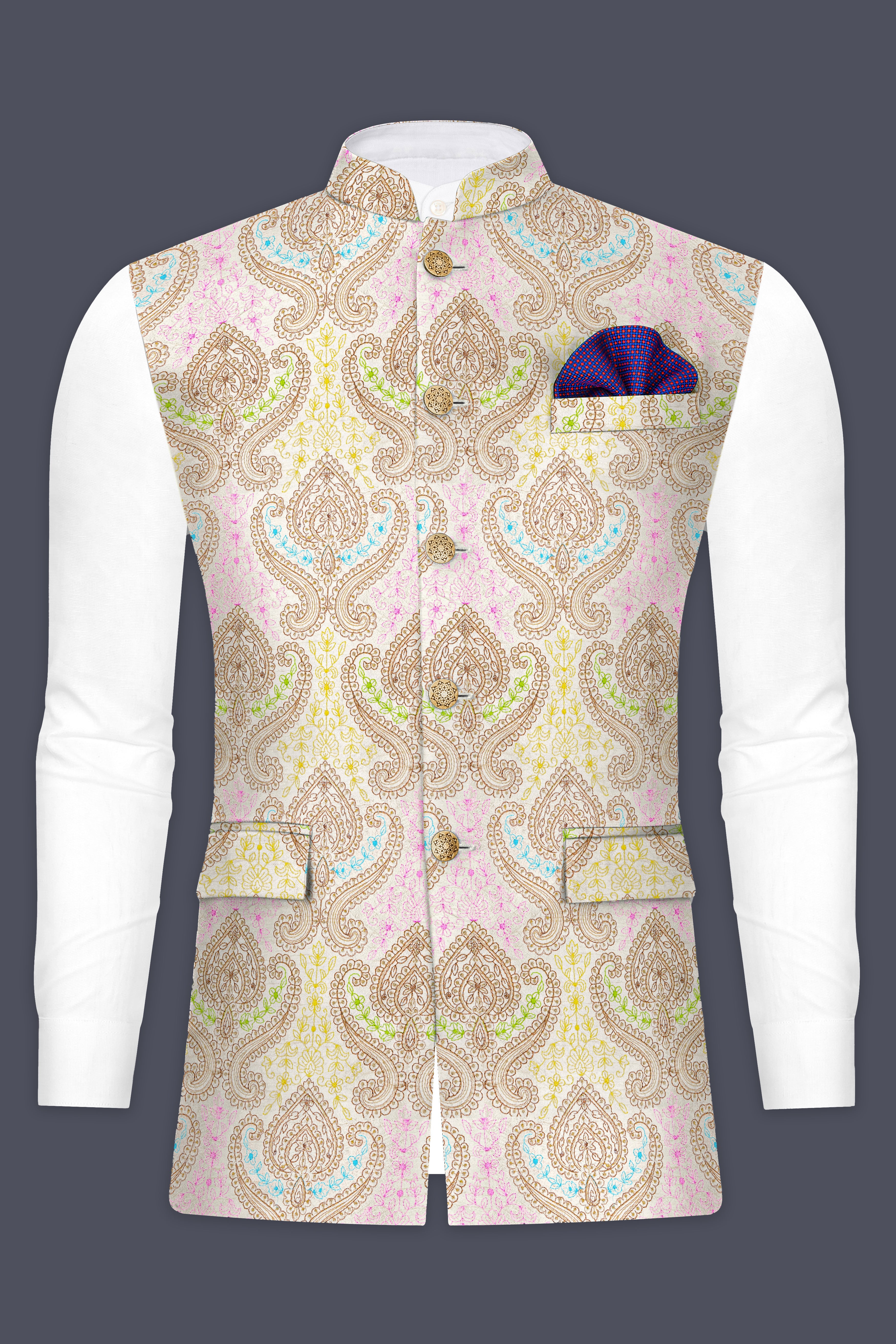 Neon Fuchsia Pink And Starship Yellow MultiColour Embroidered Nehru Jacket