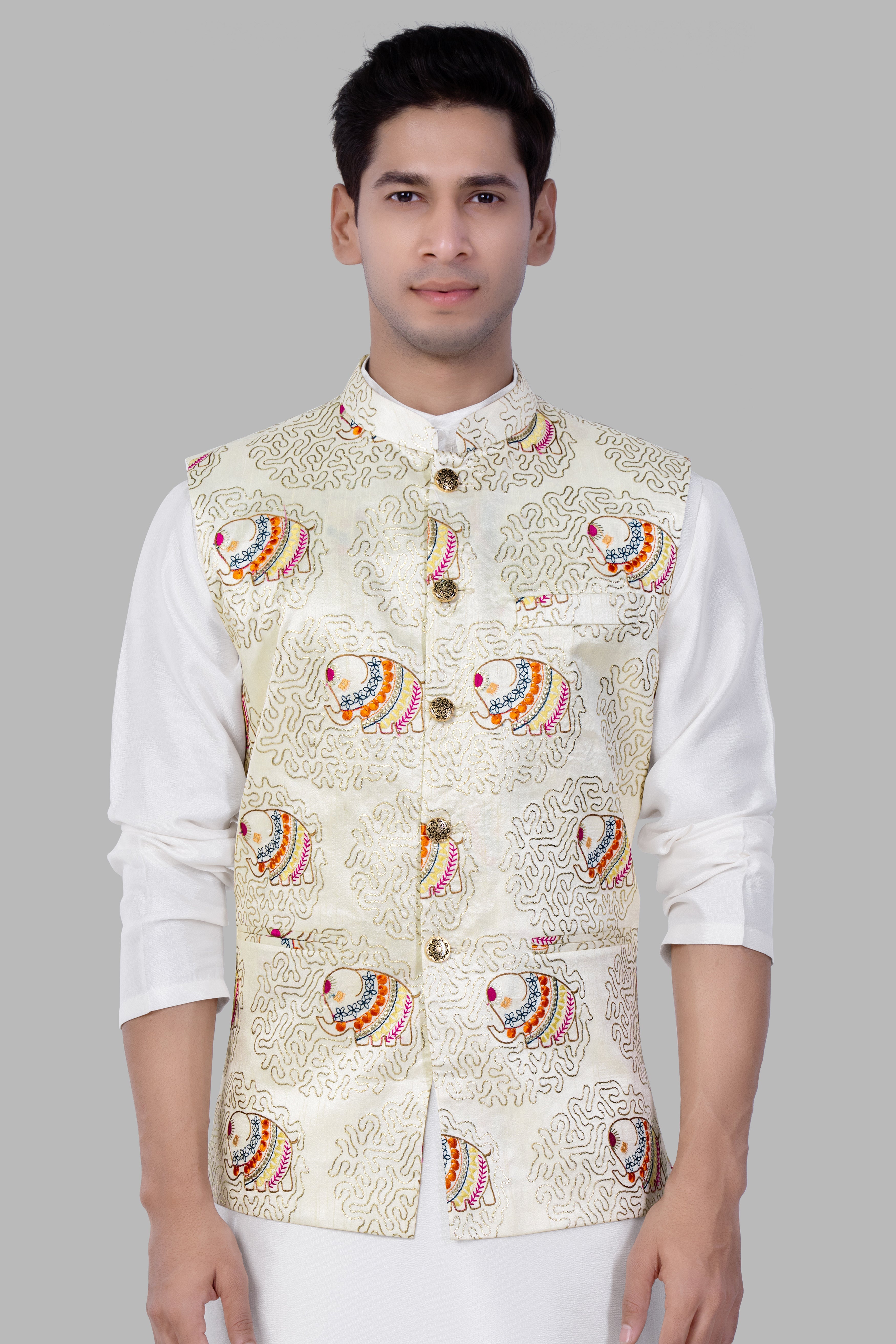 Soft Amber Cream Designer Elephant Embroidered Nehru Jacket