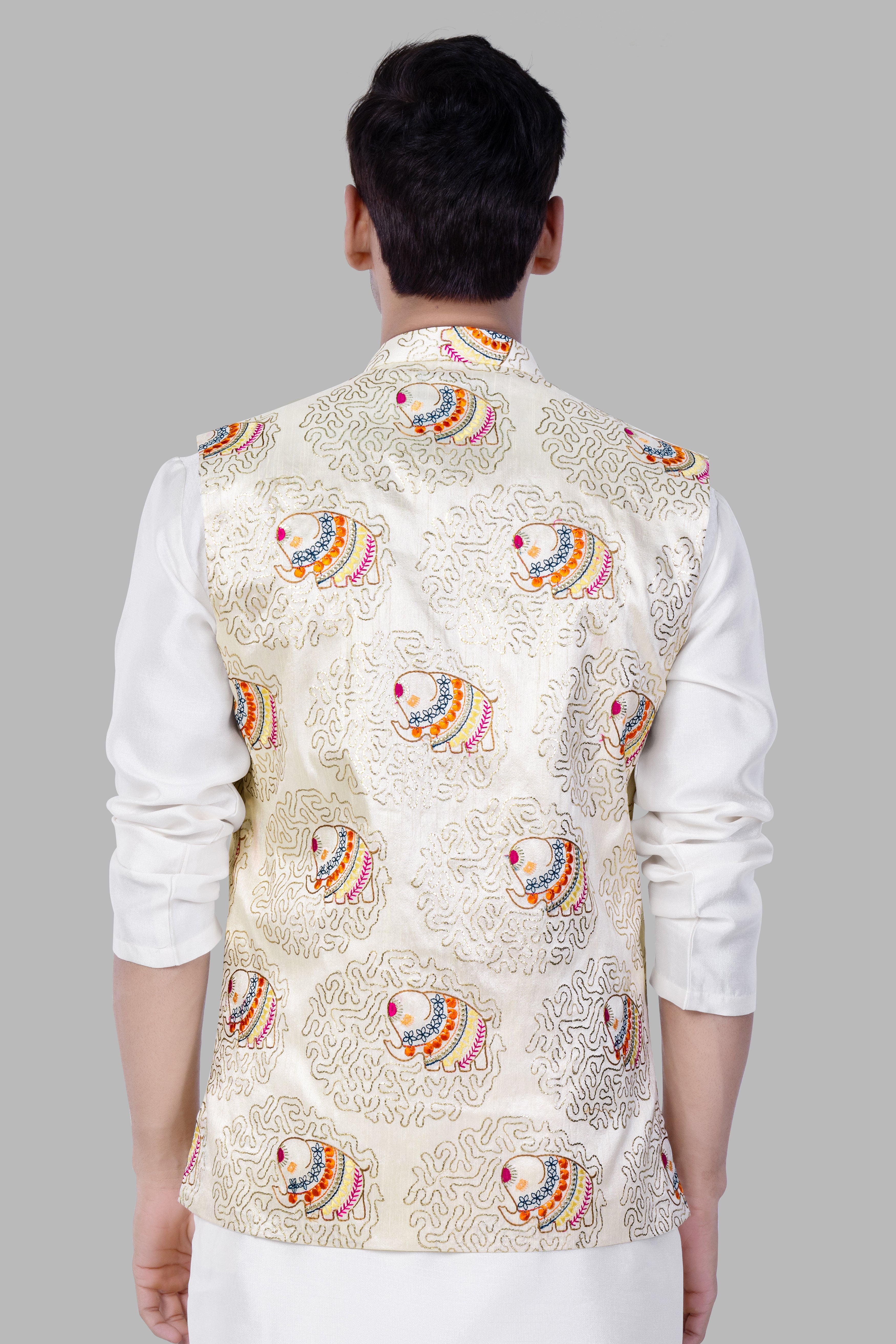 Soft Amber Cream Designer Elephant Embroidered Nehru Jacket