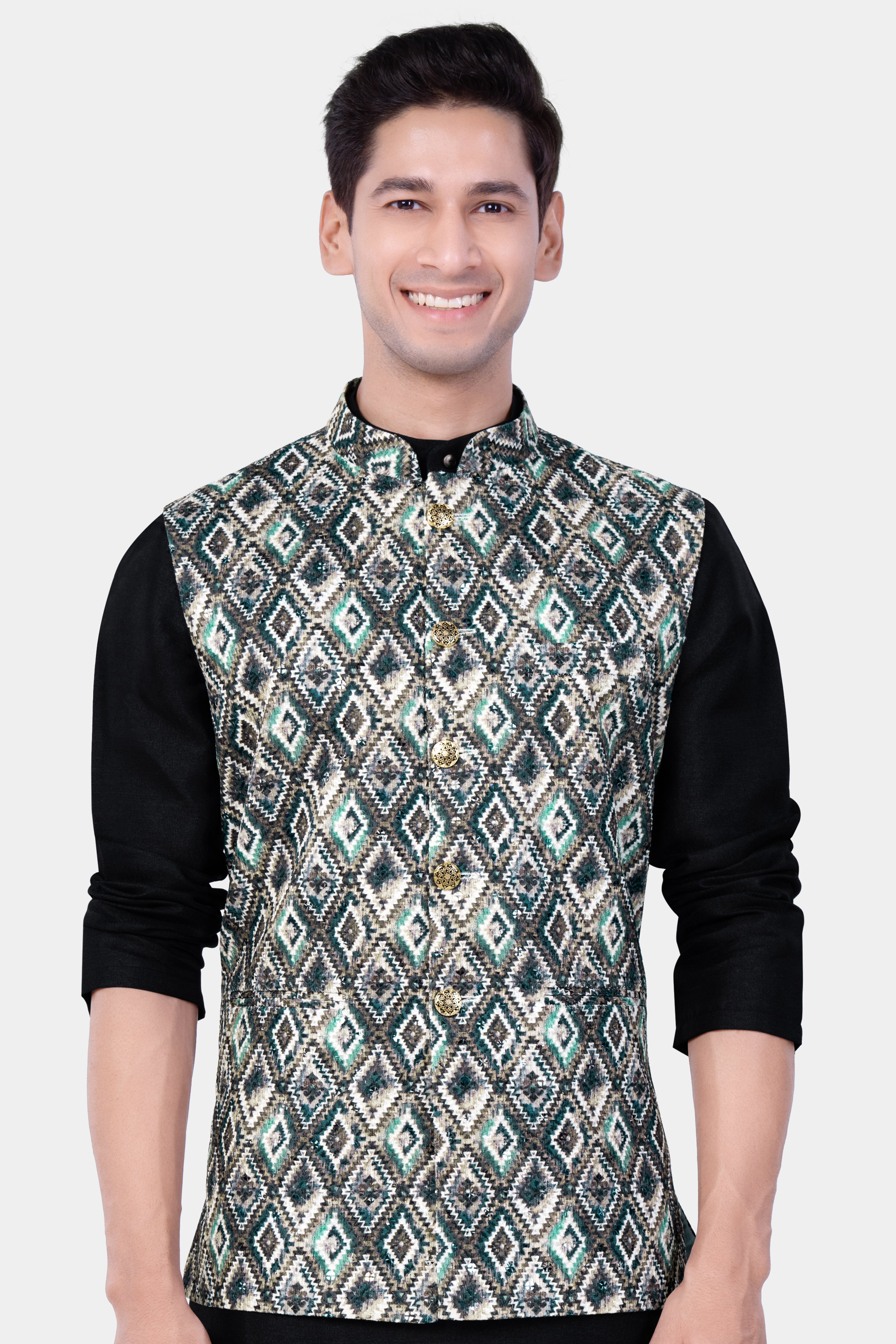 Abbey Gray And Outer Space Blue Designer Embroidered Nehru Jacket