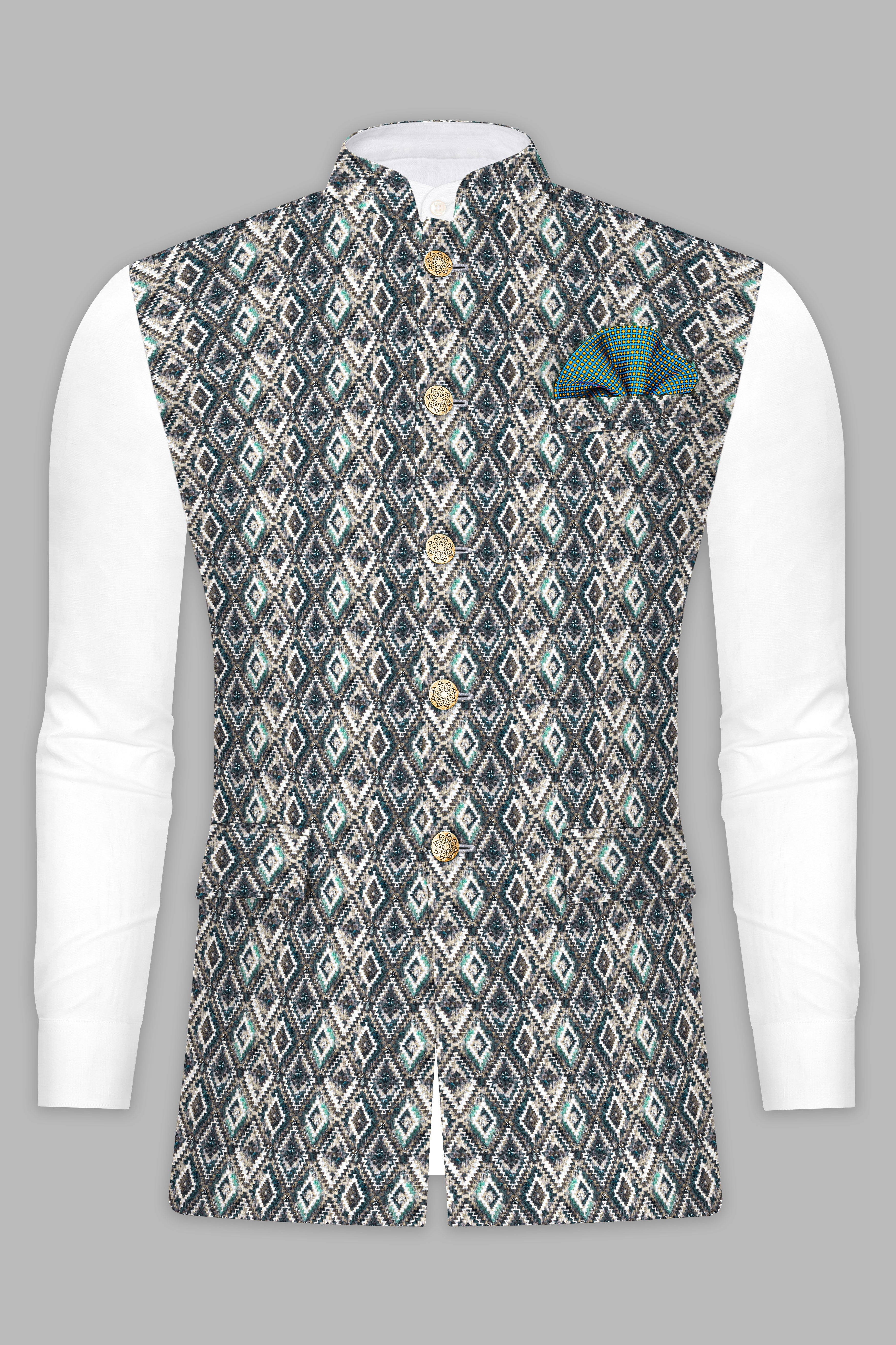 Abbey Gray And Outer Space Blue Designer Embroidered Nehru Jacket