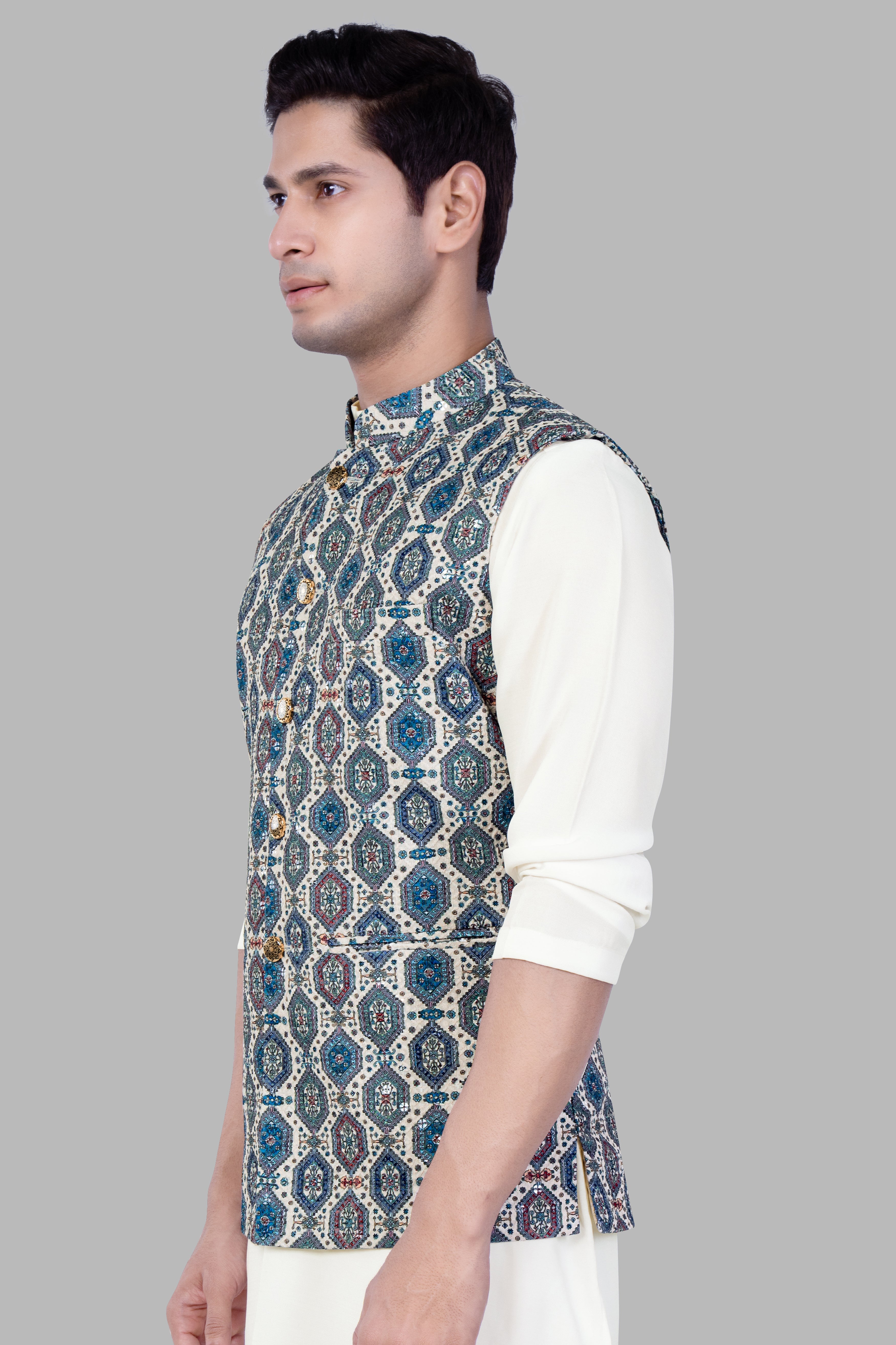 Bluish blue And Claret Red Thread Embroidered Nehru Jacket