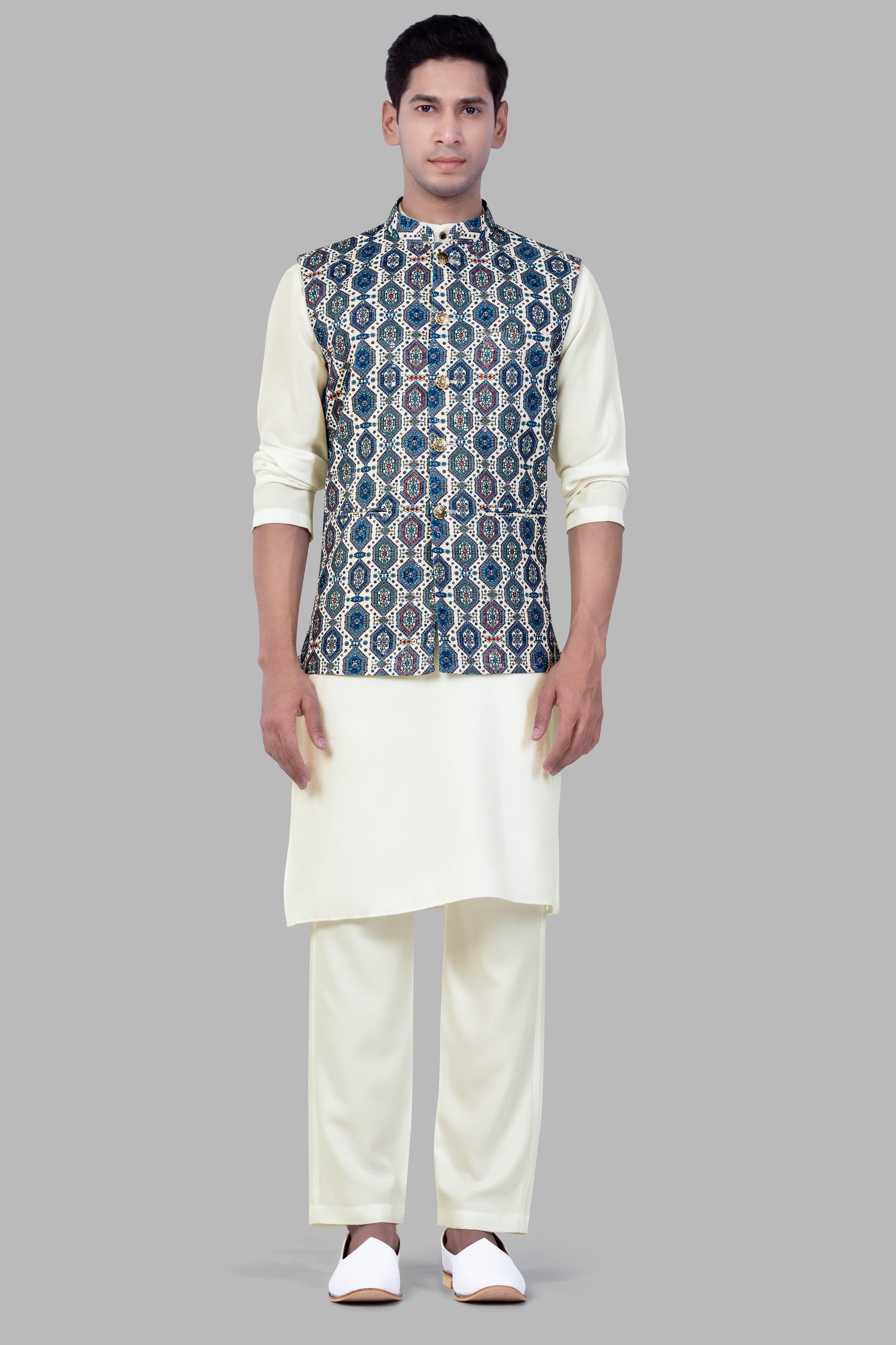 Bluish blue And Claret Red Thread Embroidered Nehru Jacket