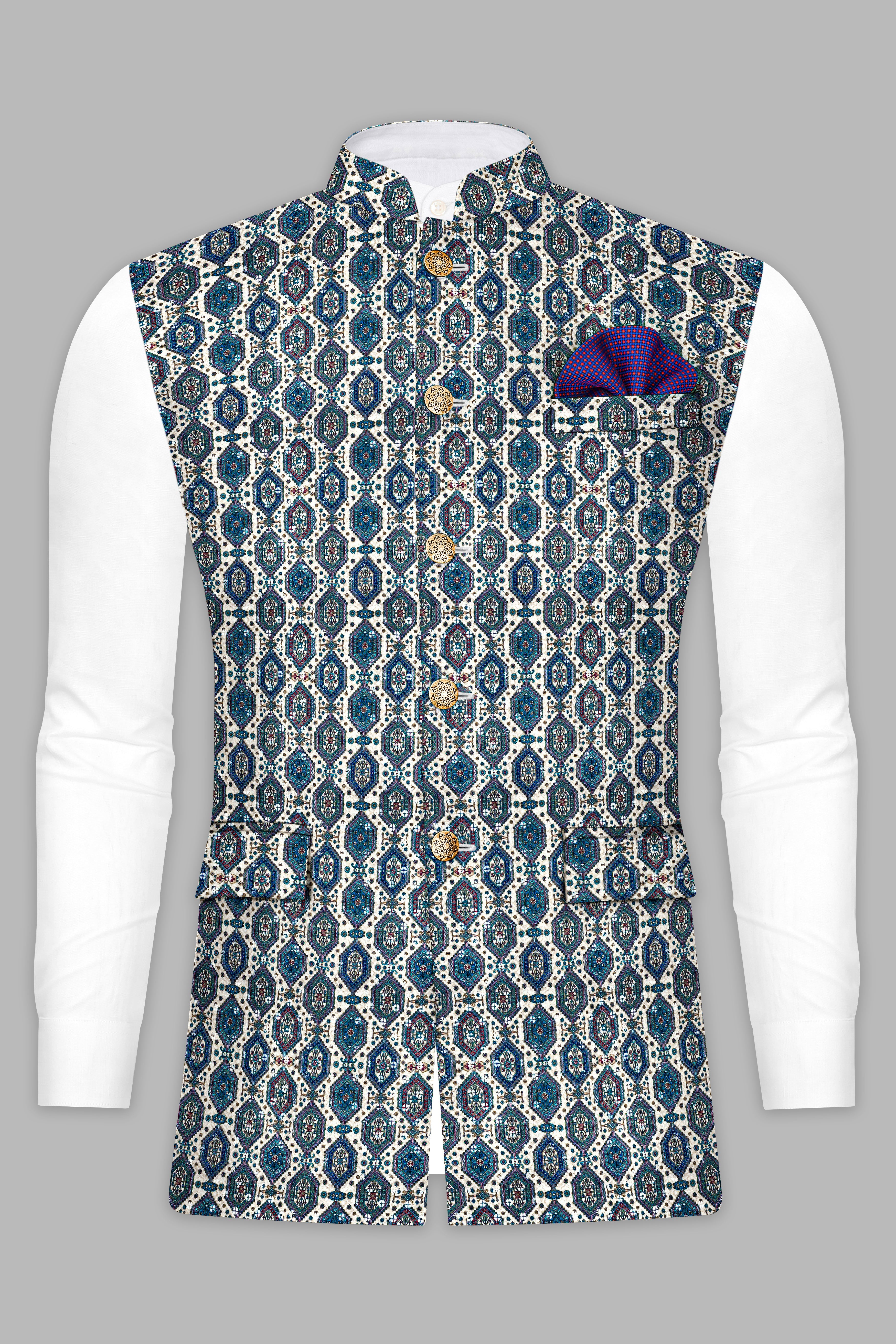 Bluish blue And Claret Red Thread Embroidered Nehru Jacket