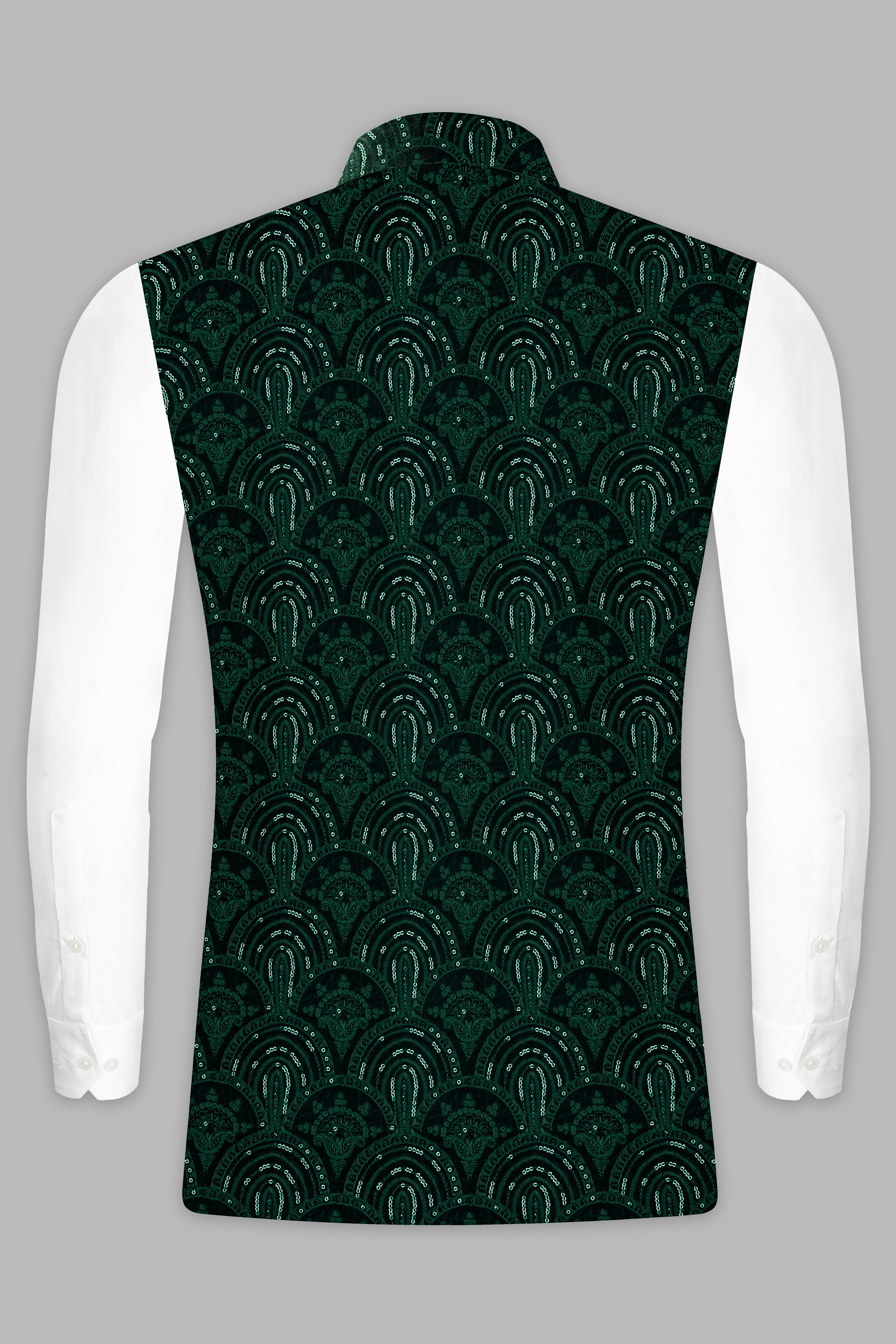 Holly Green Velvet Sequins And Thread Embroidered Nehru Jacket