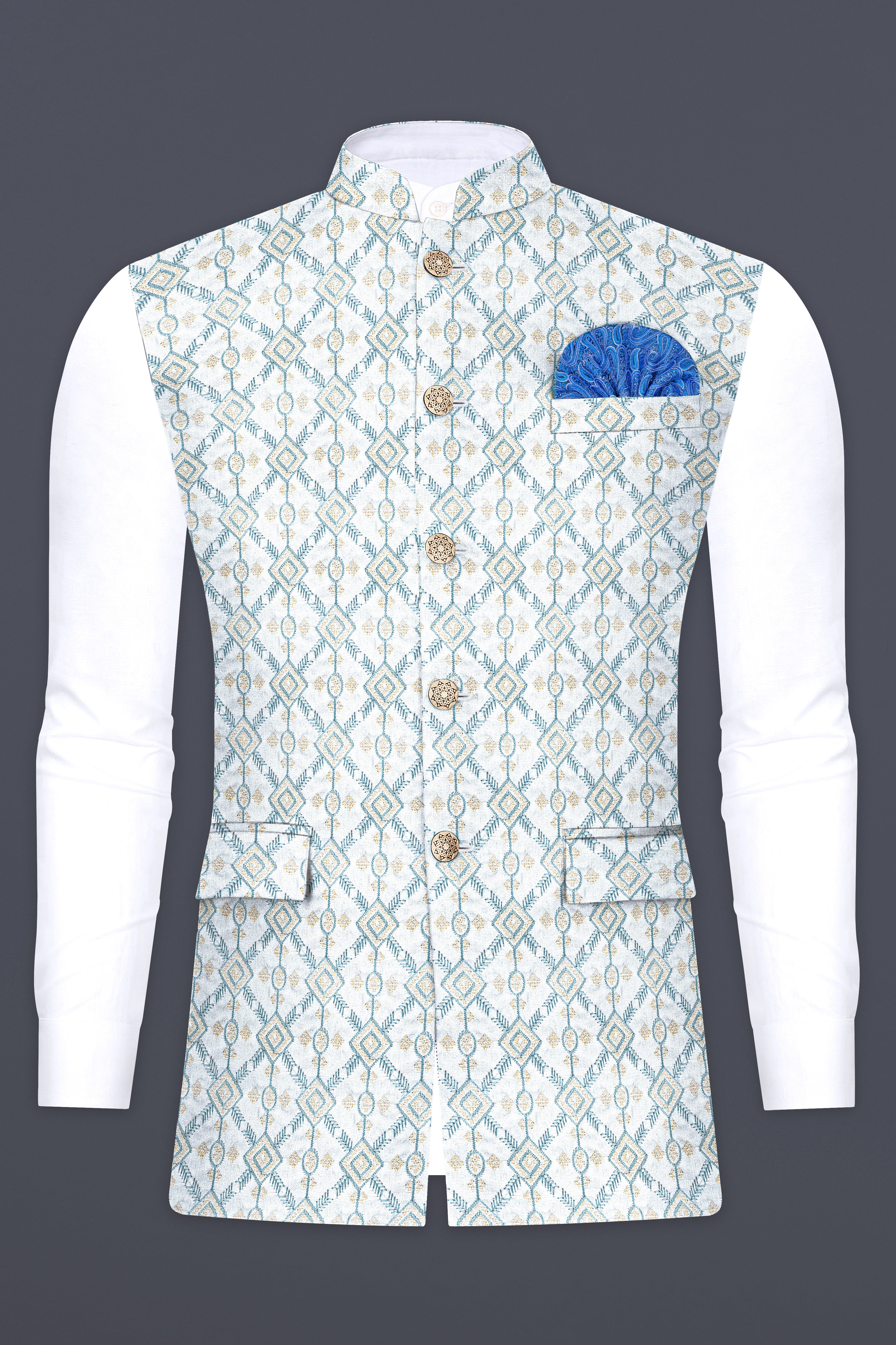 Bright White And Metallic Blue Trellis Thread Embroidered Nehru Jacket