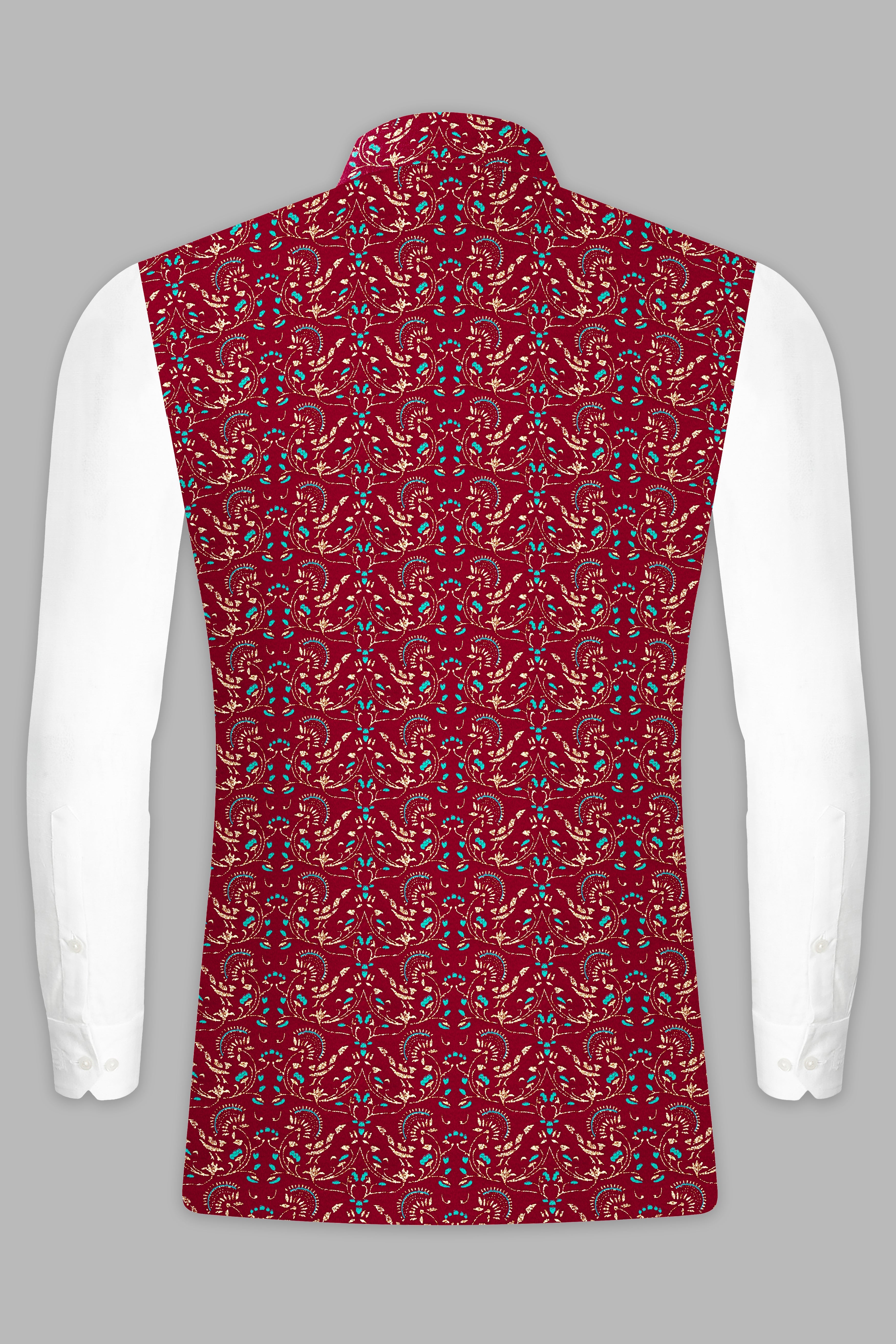 Claret Red And Aqua Marine Blue Velvet Printed Designer Nehru Jacket