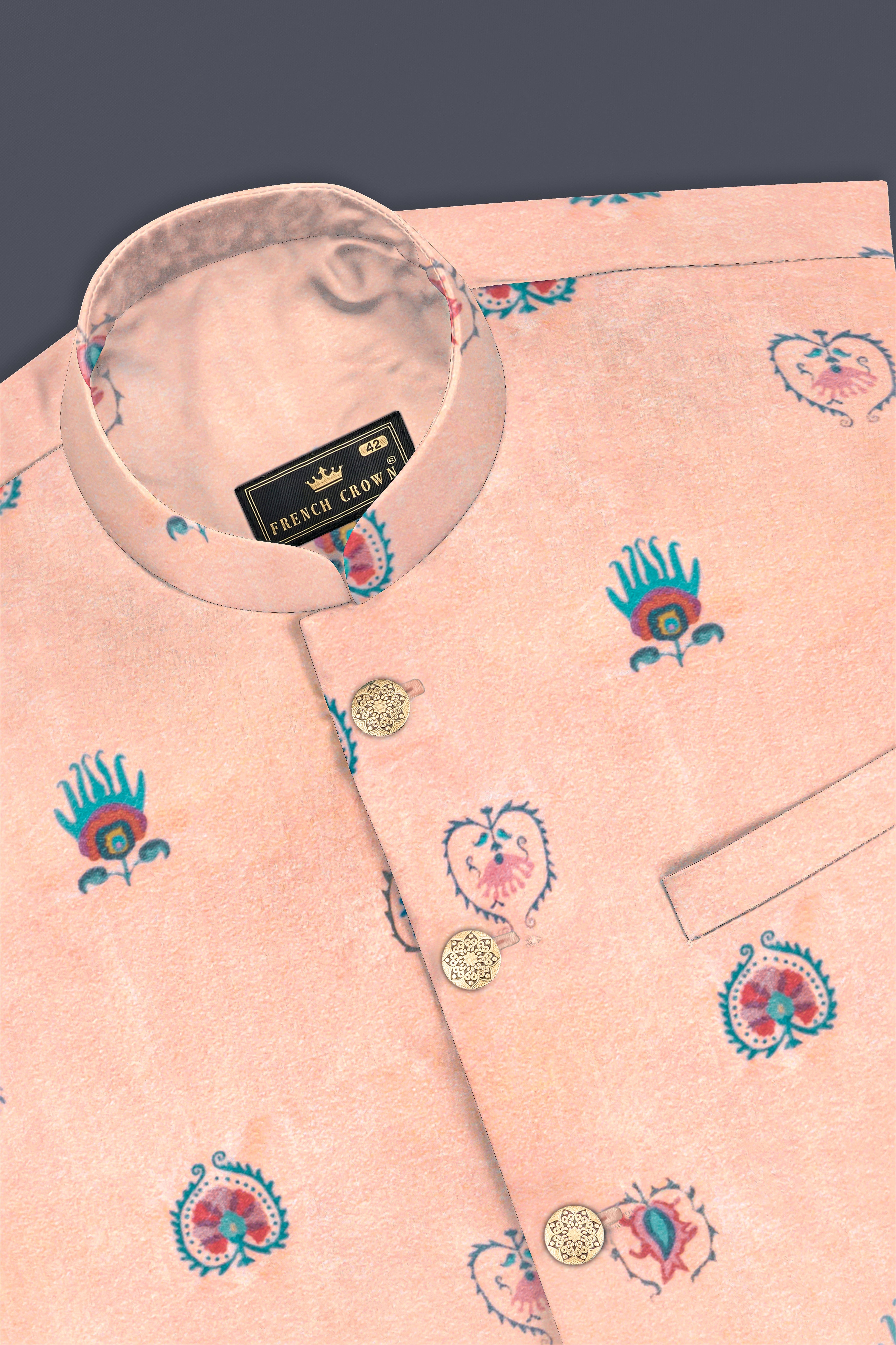 Spanish Peach And Glacier Blue Velvet Printed Designer Nehru Jacket