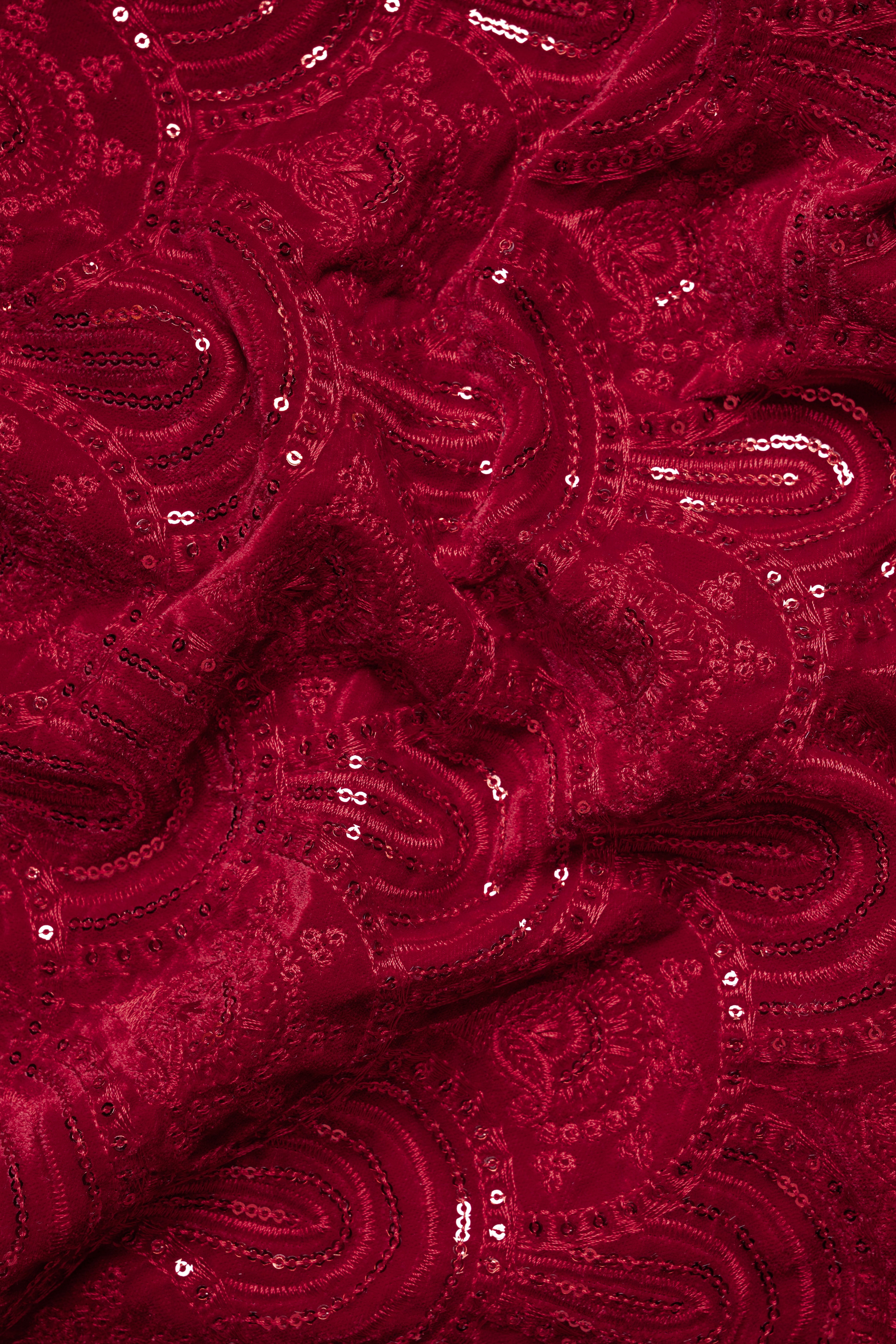 Claret Red Velvet Sequins And Thread Embroidered Nehru Jacket