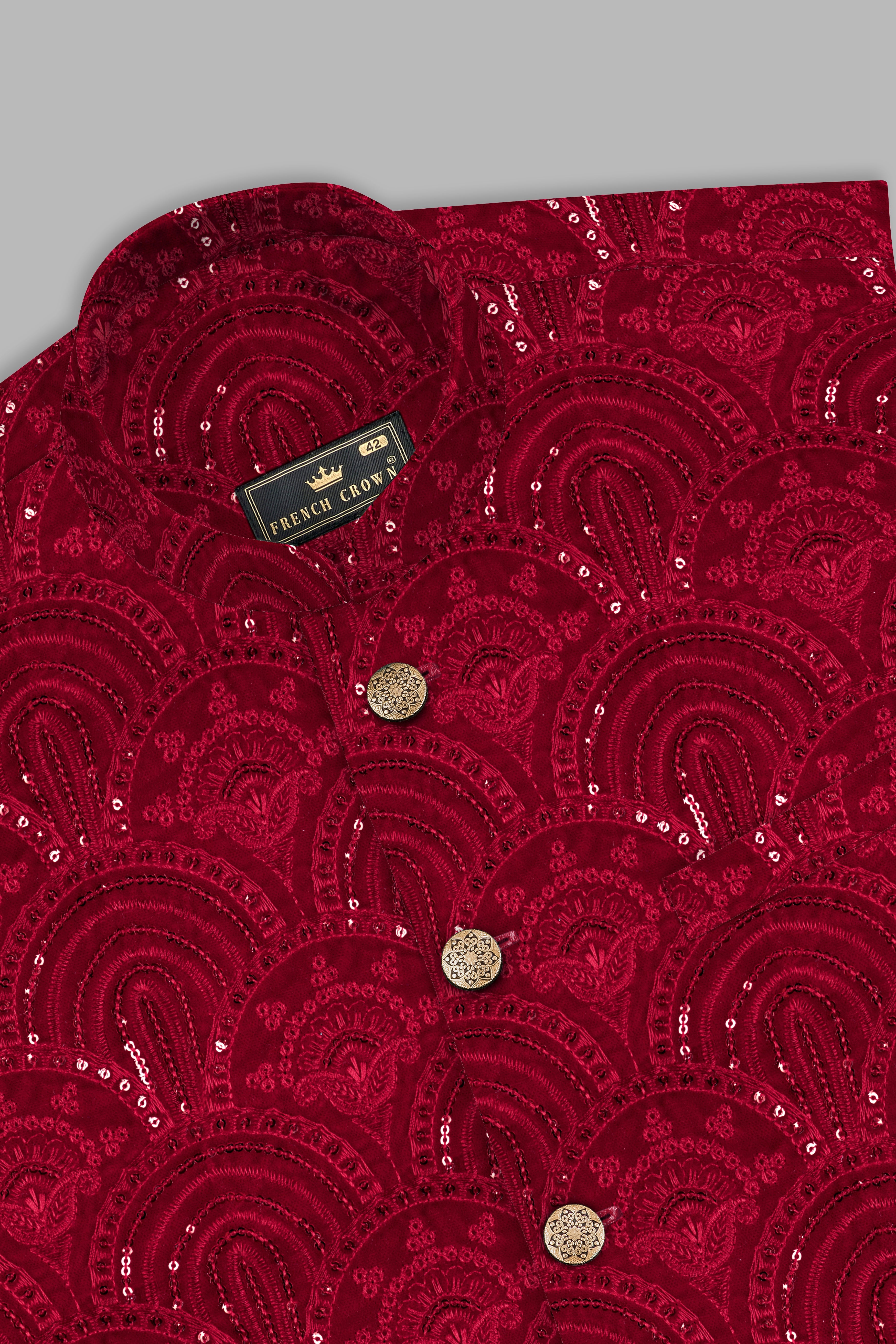 Claret Red Velvet Sequins And Thread Embroidered Nehru Jacket