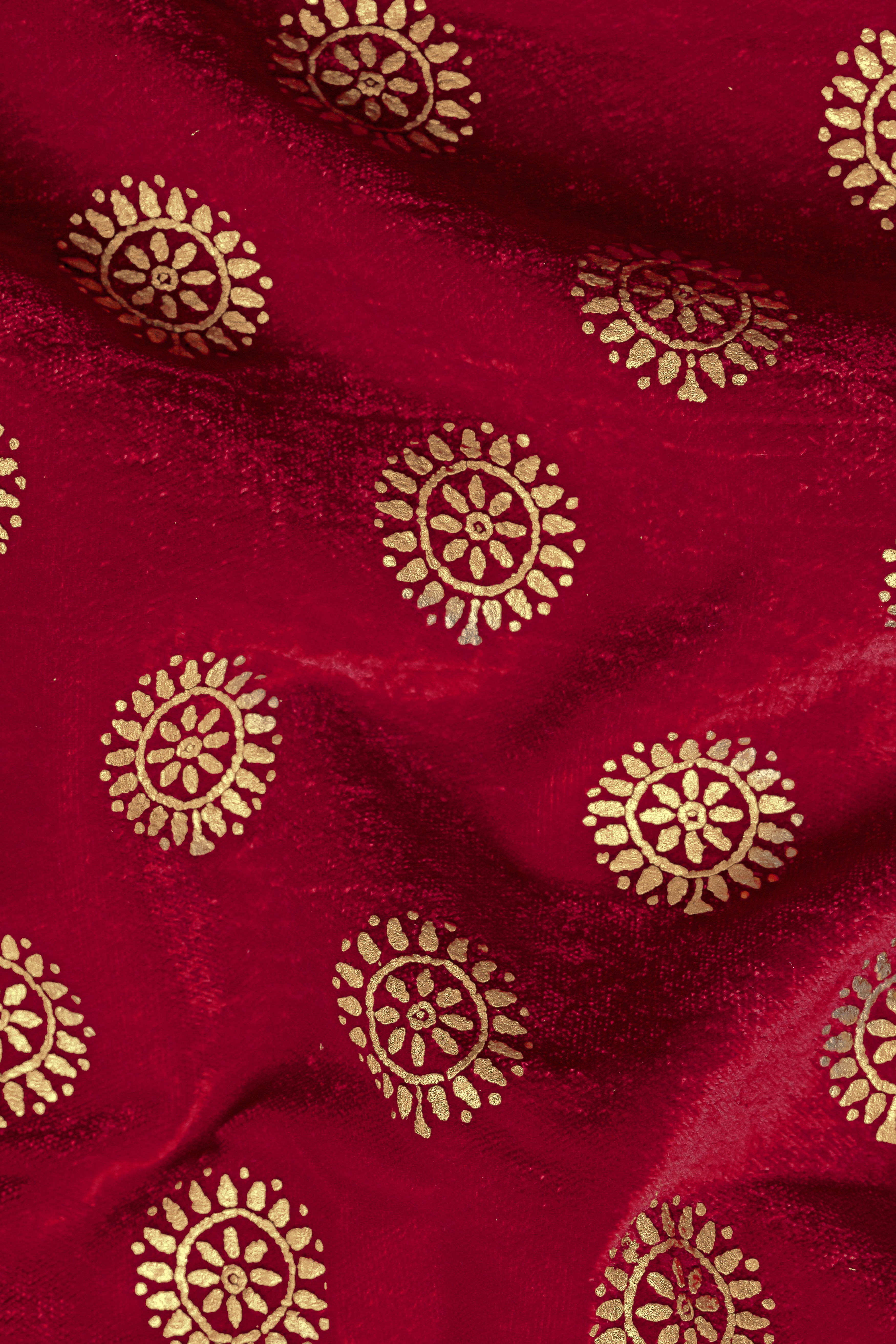 Paprika Red And Golden Circle Velvet Floral Foil Printed Nehru Jacket