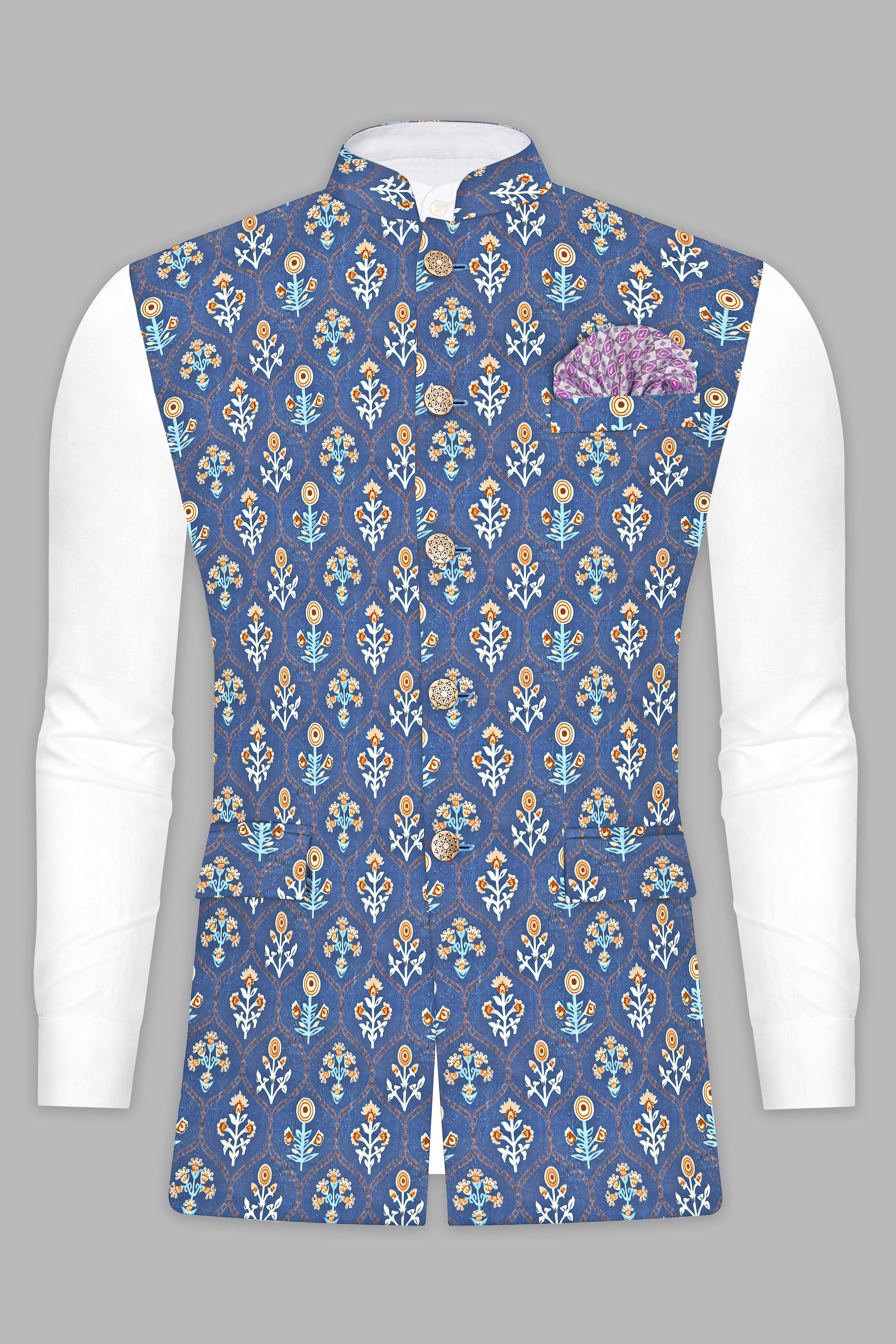 Tealish Blue And Peach Velvet Designer Printed Nehru Jacket