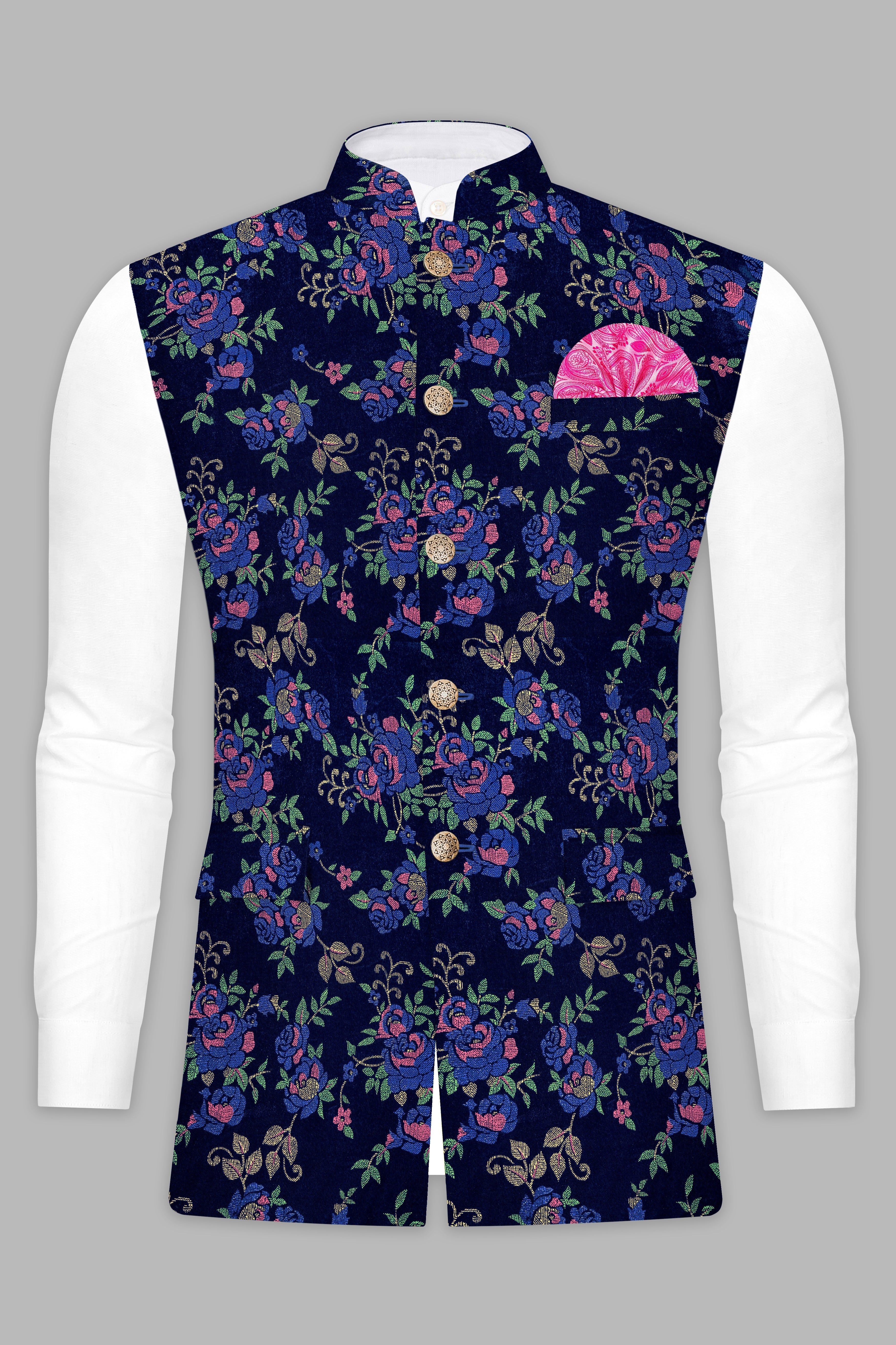 Tangaroa Blue And Mauvelous Pink Velvet Multicolour Floral Jacquard Weave Nehru Jacket