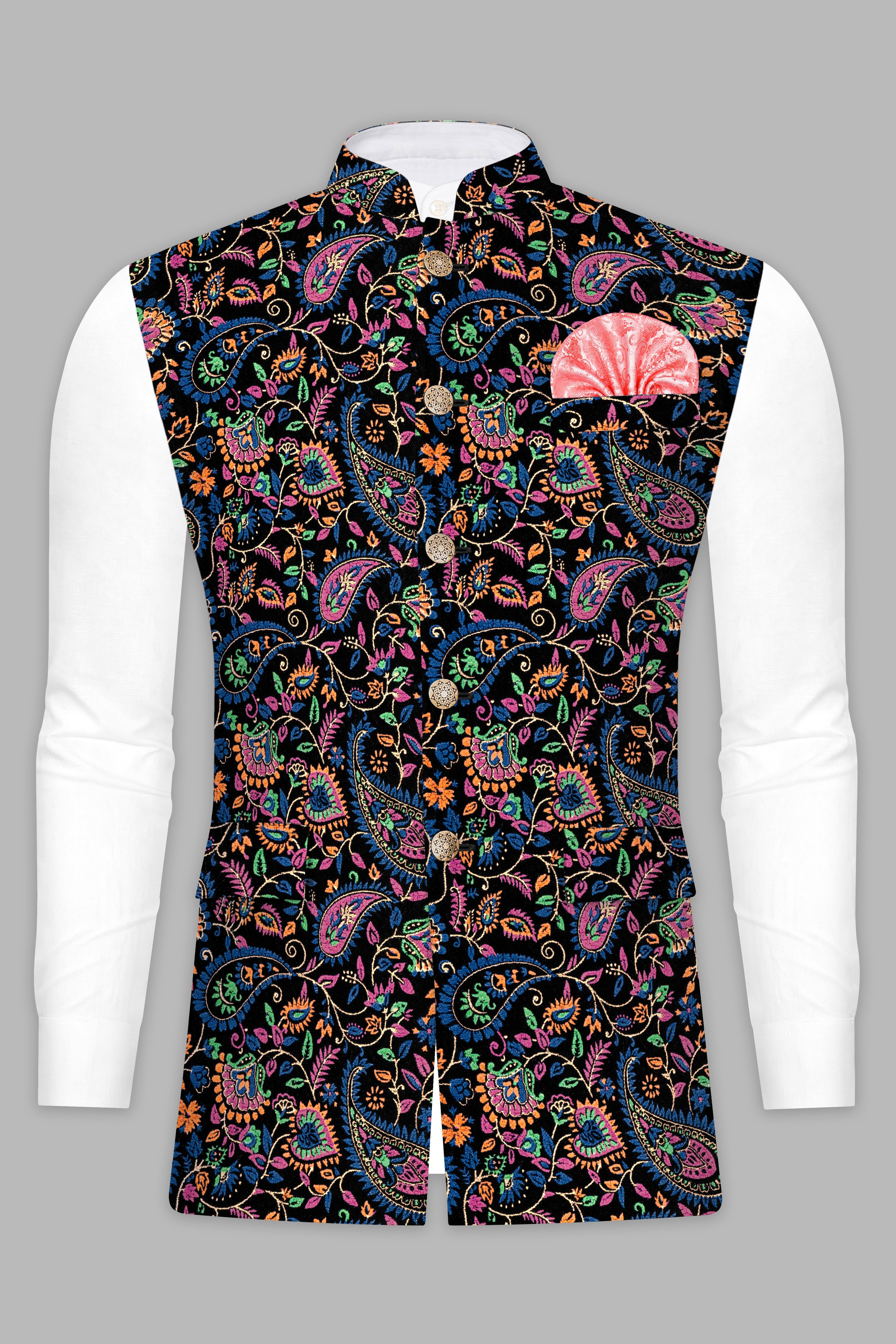Jade Black And Mauvelous Pink Velvet Multicolour Floral Jacquard Weave Nehru Jacket