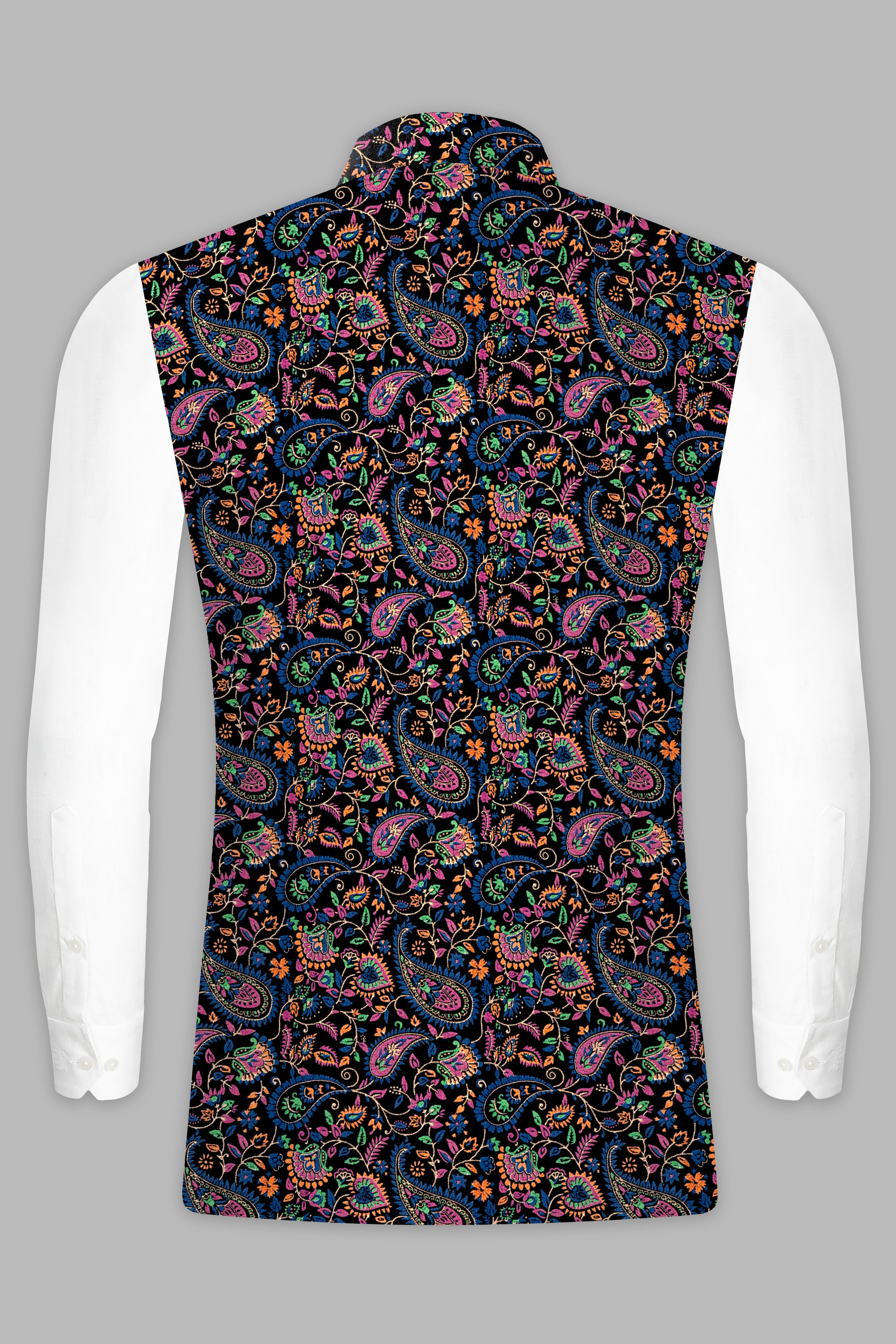 Jade Black And Mauvelous Pink Velvet Multicolour Floral Jacquard Weave Nehru Jacket