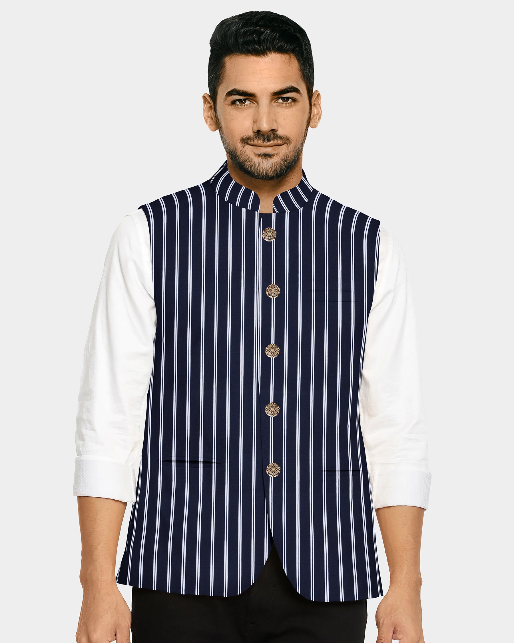 Navy Striped Designer Nehru Jacket