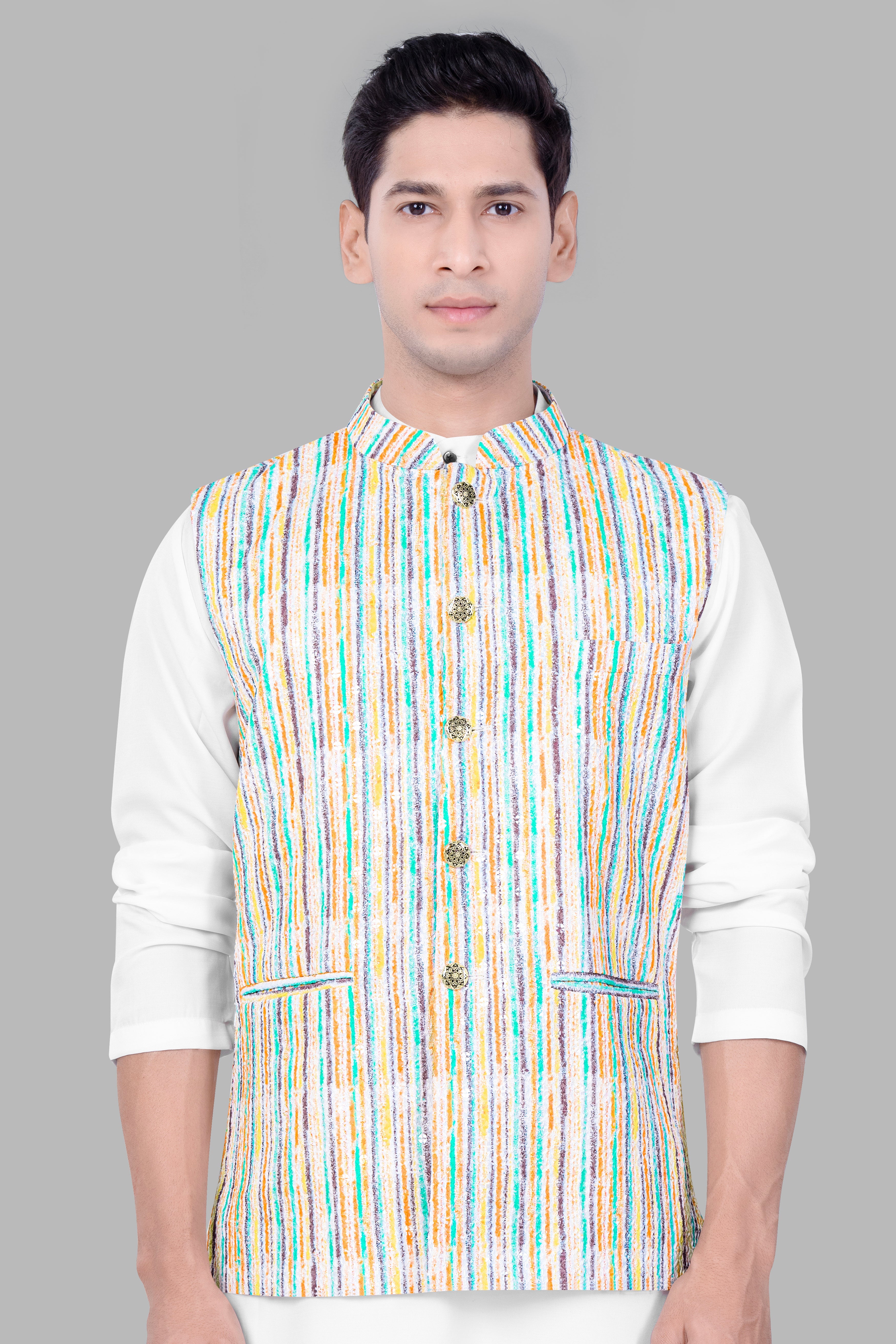 Bright White and Mustard Yellow with Turquoise Blue MultiColour Embroidered Nehru Jacket