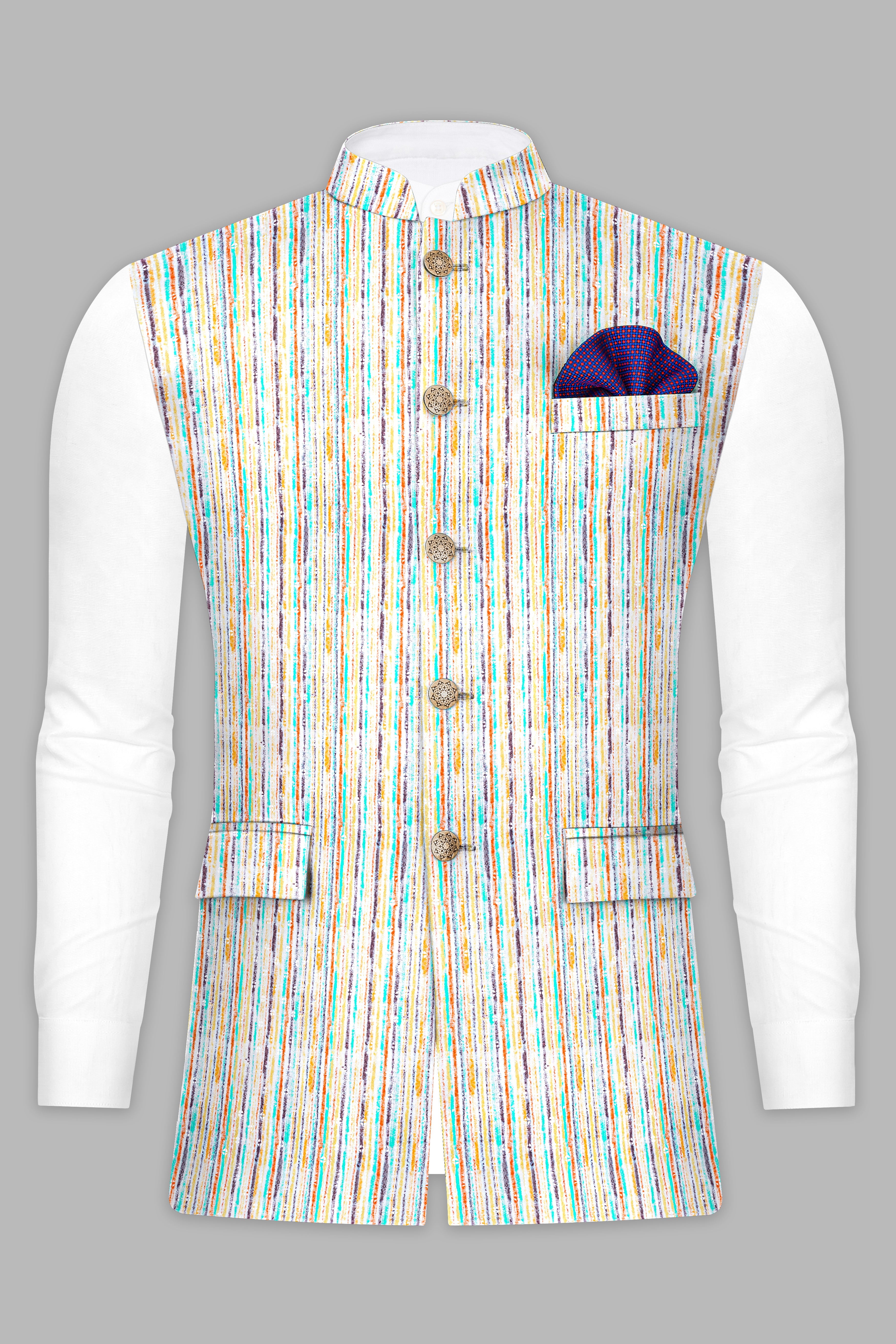 Bright White and Mustard Yellow with Turquoise Blue MultiColour Embroidered Nehru Jacket