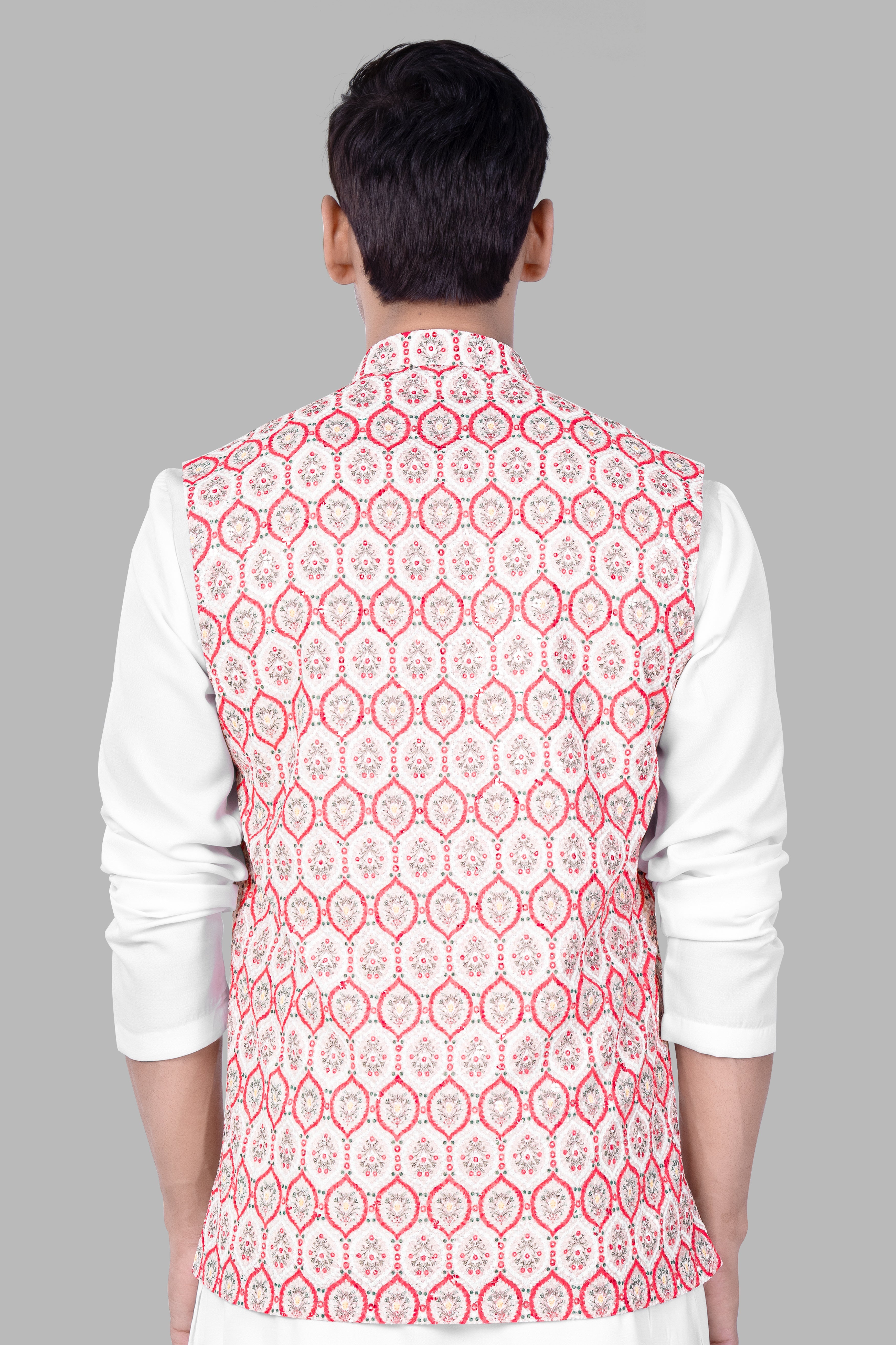 Flamingo Pink And Magnolia White Designer Embroidered Nehru Jacket