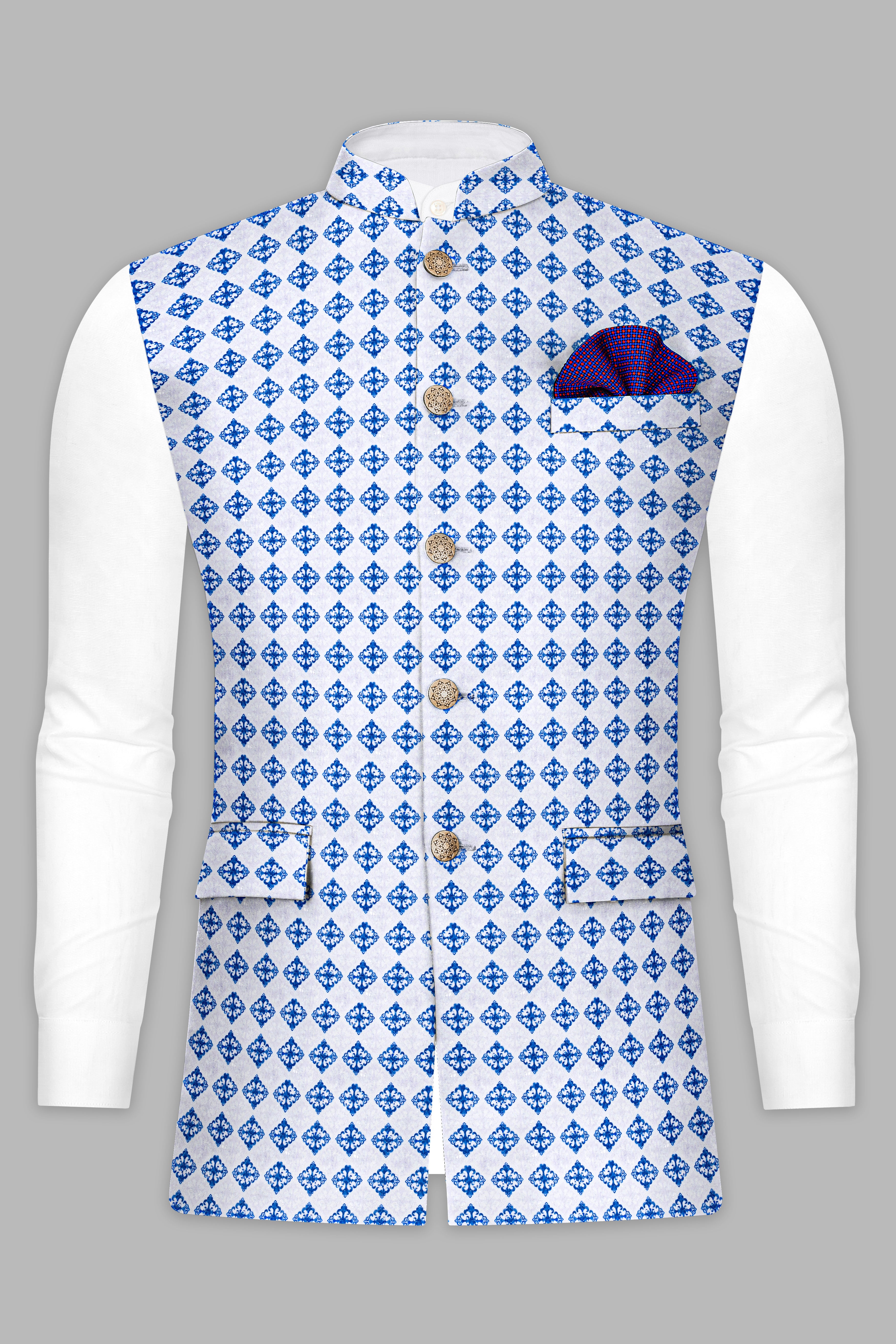 Bluish Blue And Bright White Trellis Designer Embroidered Nehru Jacket
