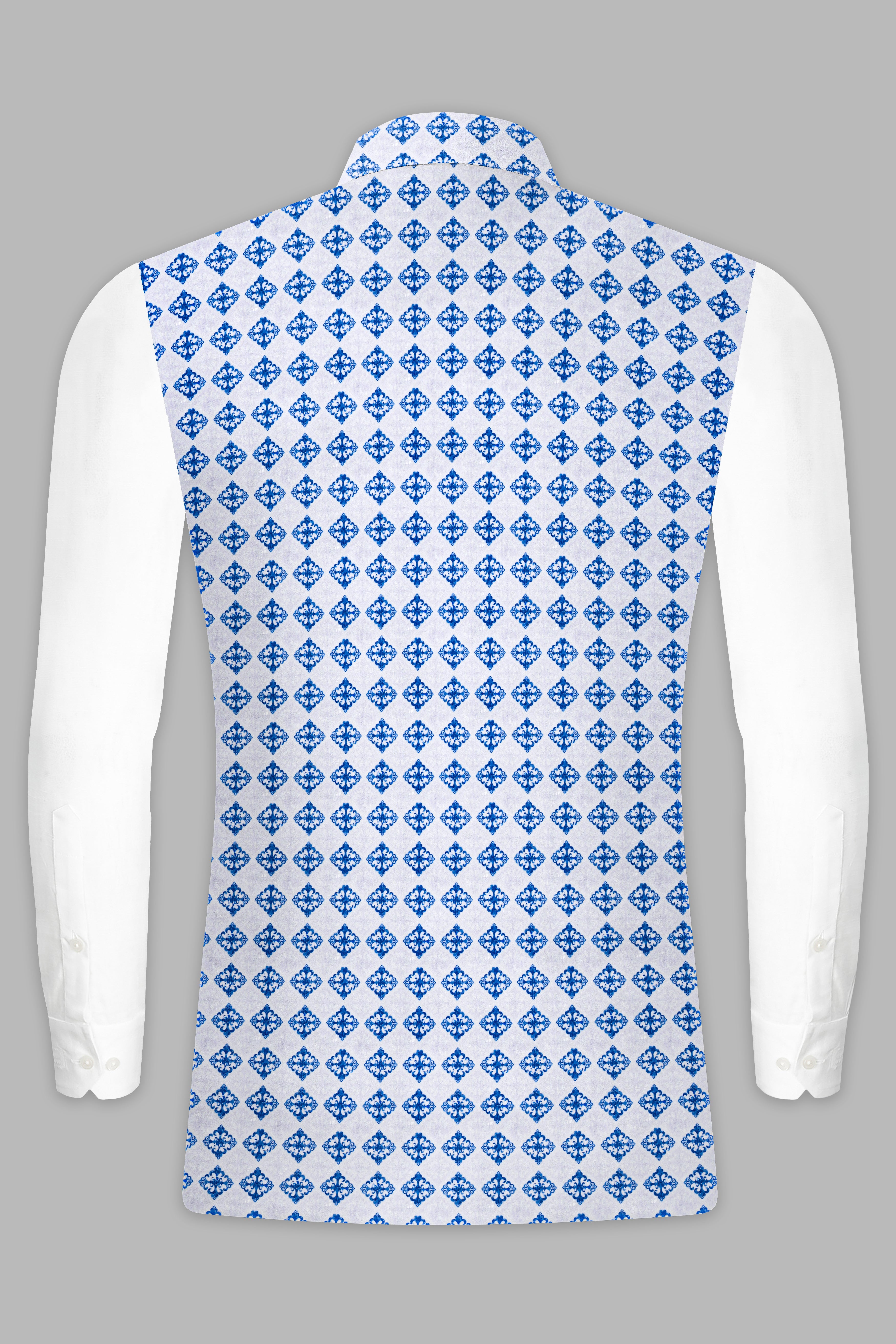 Bluish Blue And Bright White Trellis Designer Embroidered Nehru Jacket