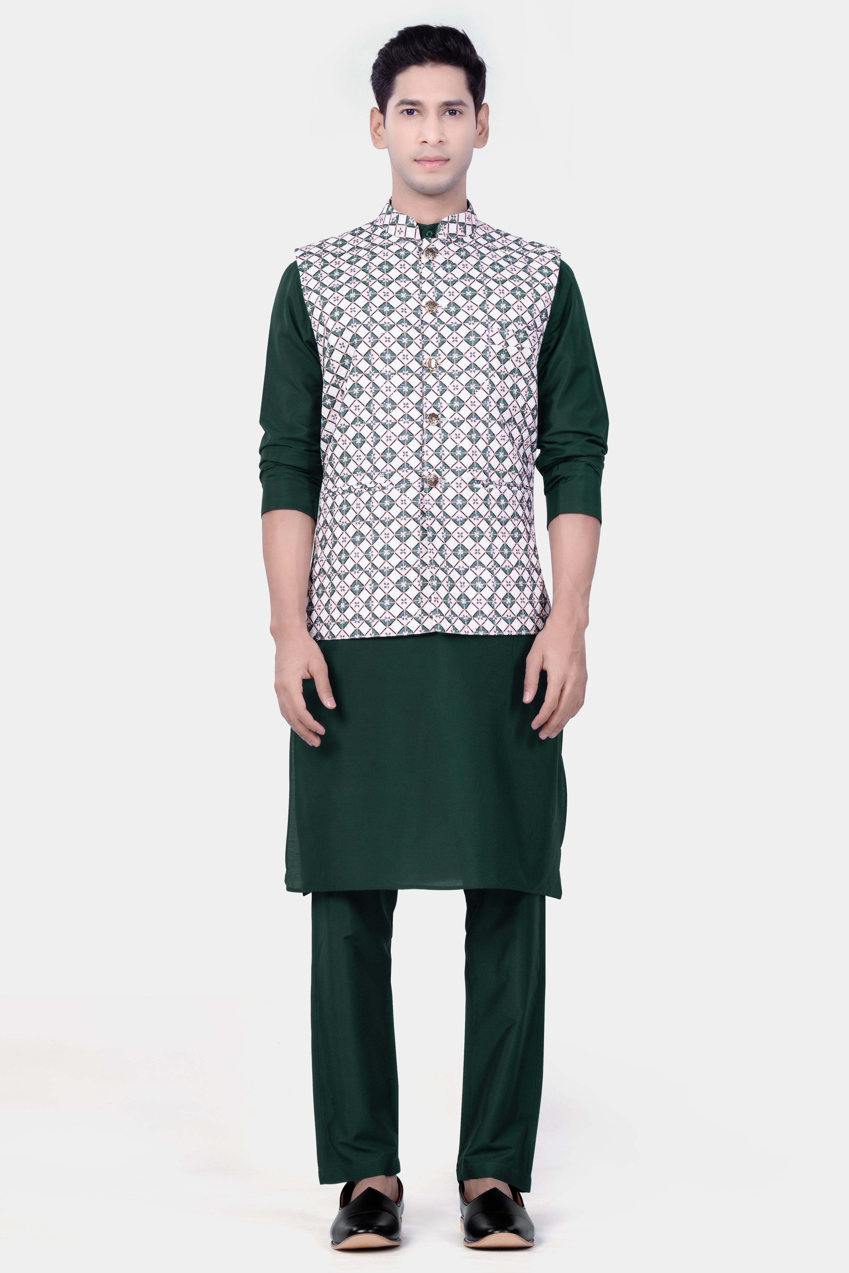 Bright White And Willam Green Trellis Designer Embroidered Nehru Jacket