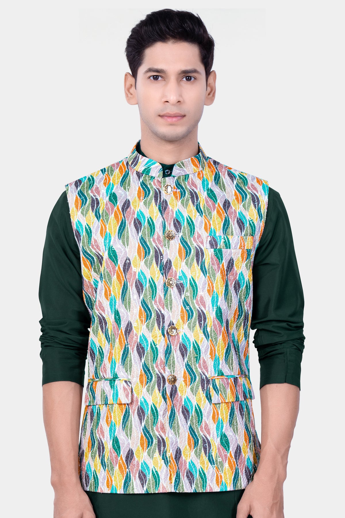 Bright White And Olivine Green Designer MultiColour Embroidered Nehru Jacket