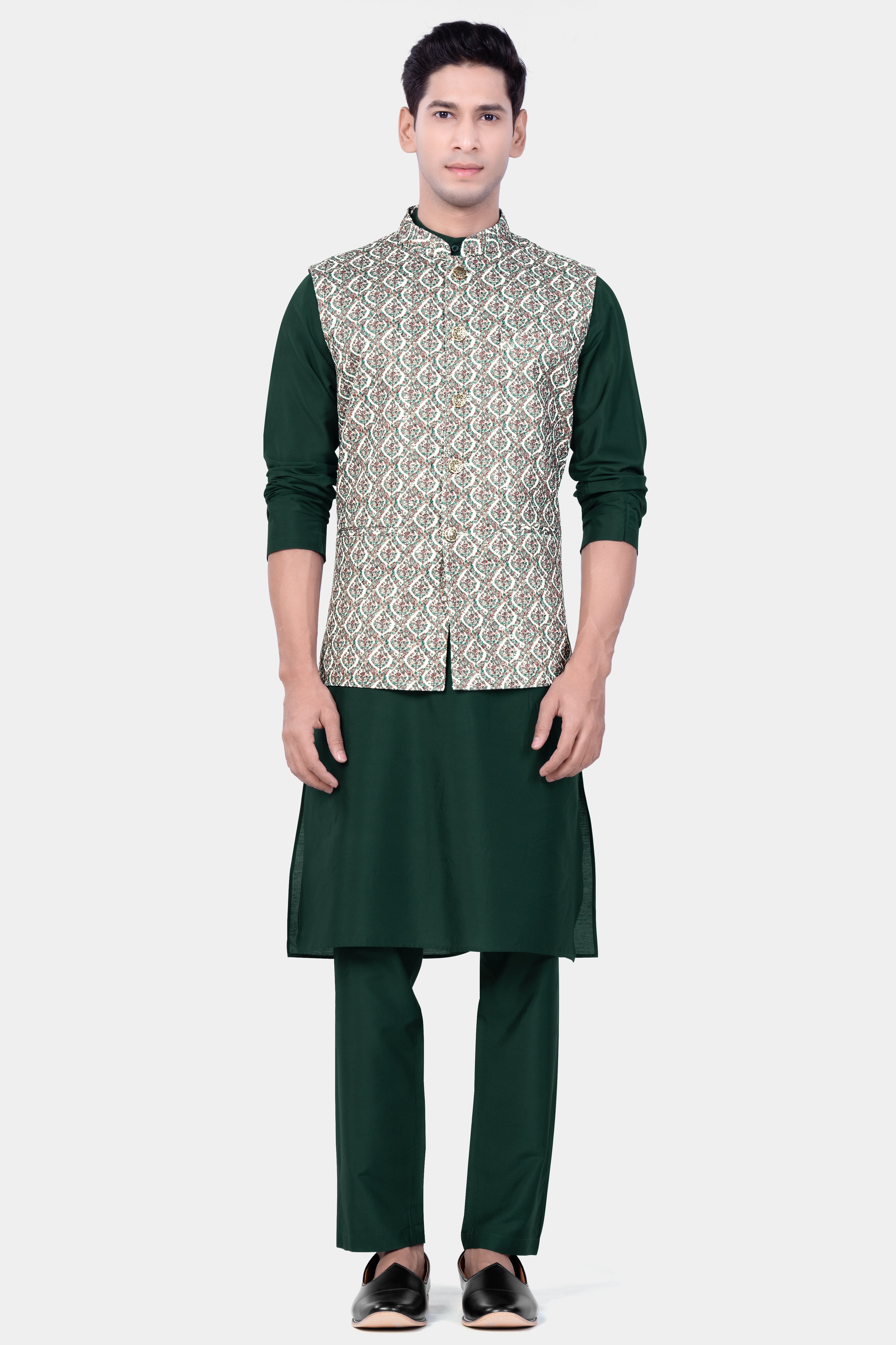 Bright White And Patina Green MultiColour Designer Embroidered Nehru Jacket