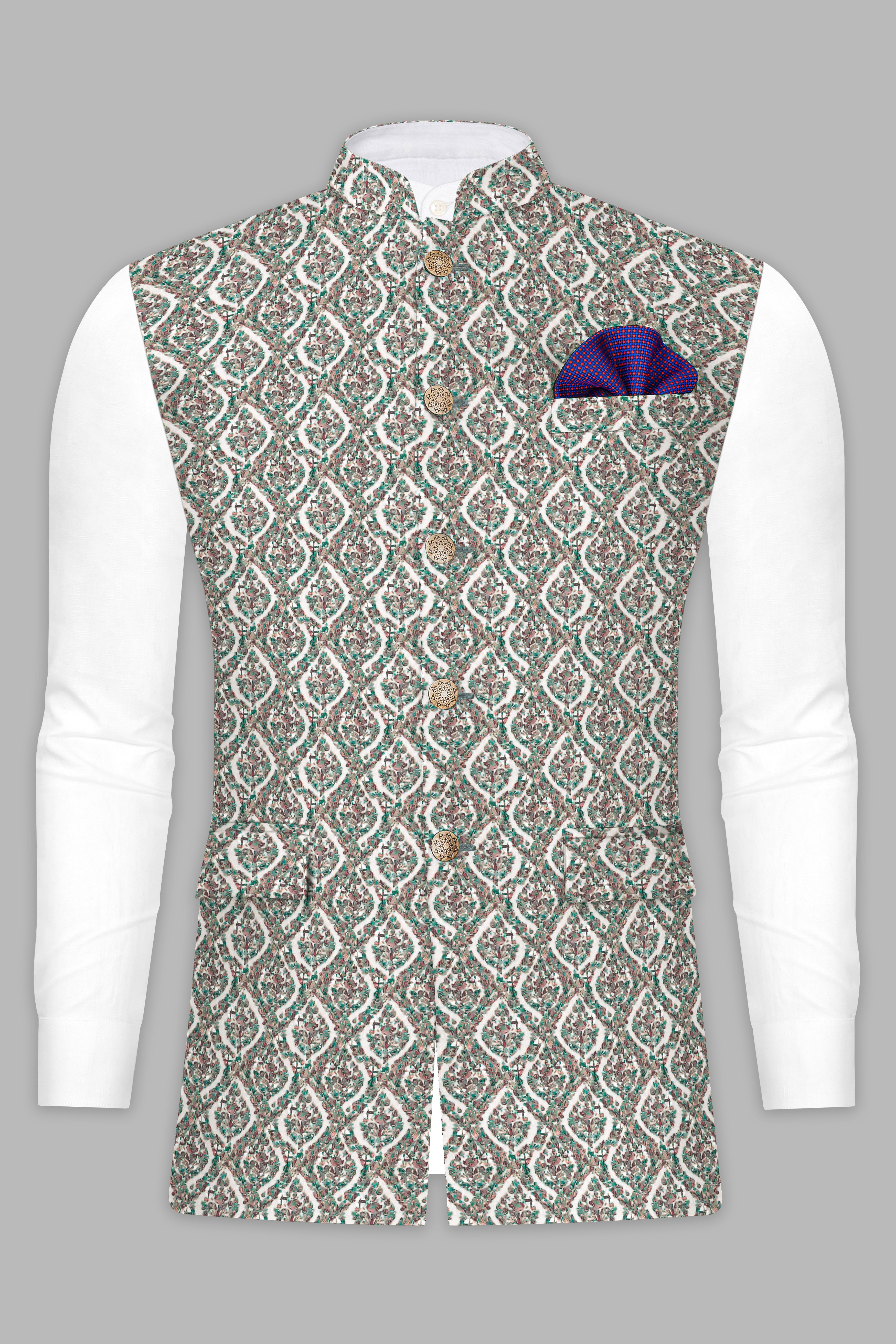 Bright White And Patina Green MultiColour Designer Embroidered Nehru Jacket