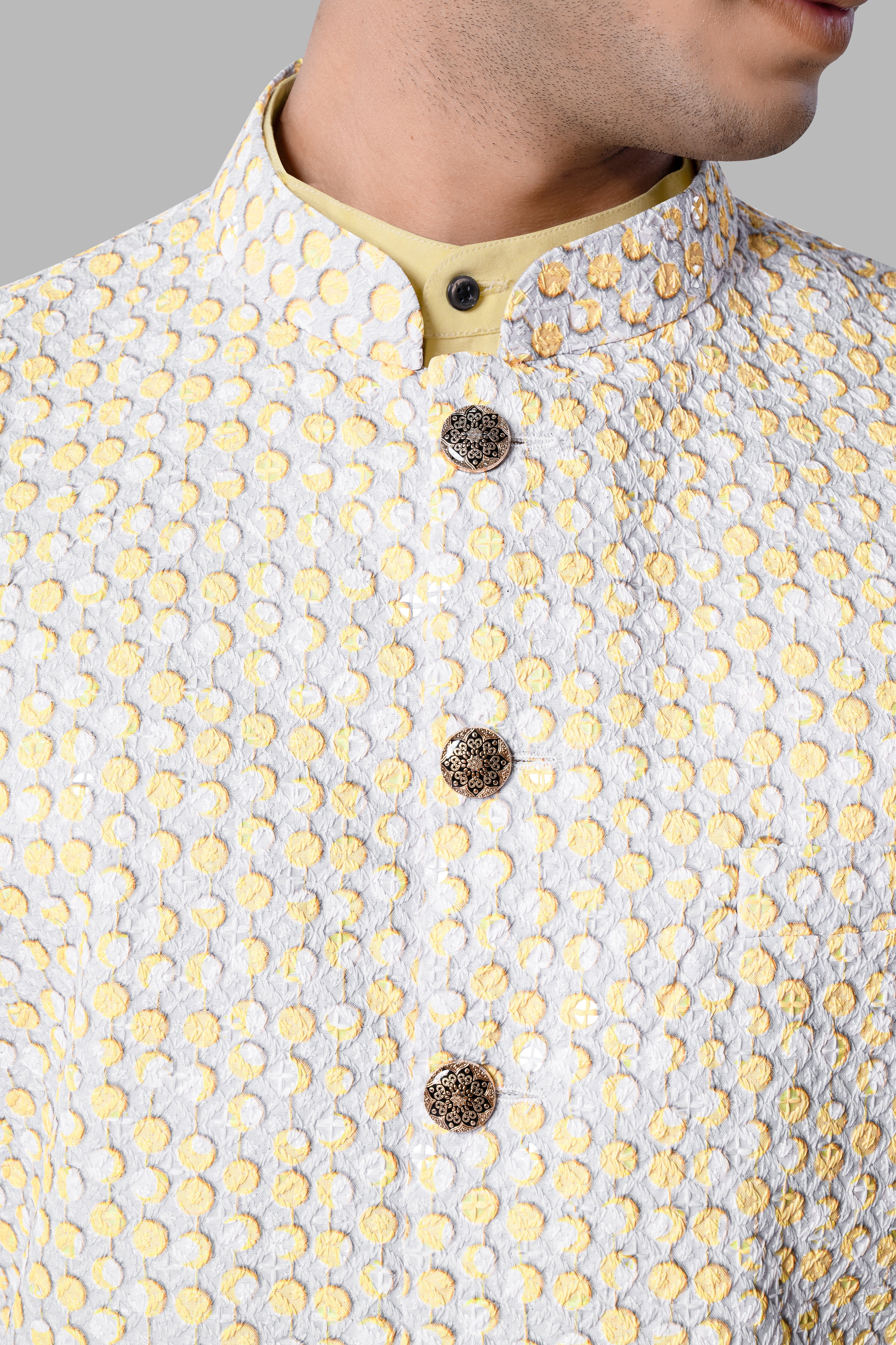 Brulee Yellow And Bright White Designer Embroidered Nehru Jacket