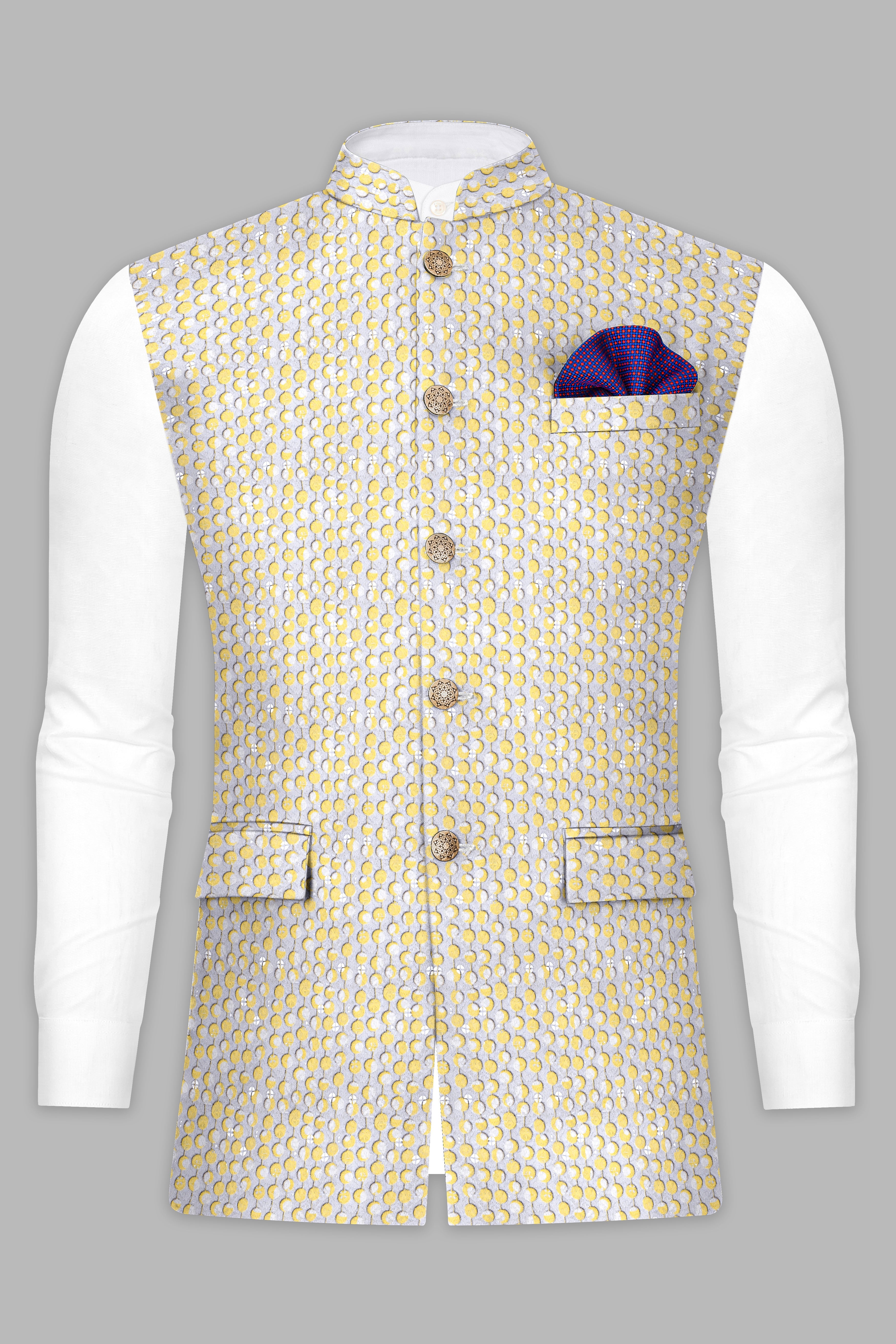 Brulee Yellow And Bright White Designer Embroidered Nehru Jacket