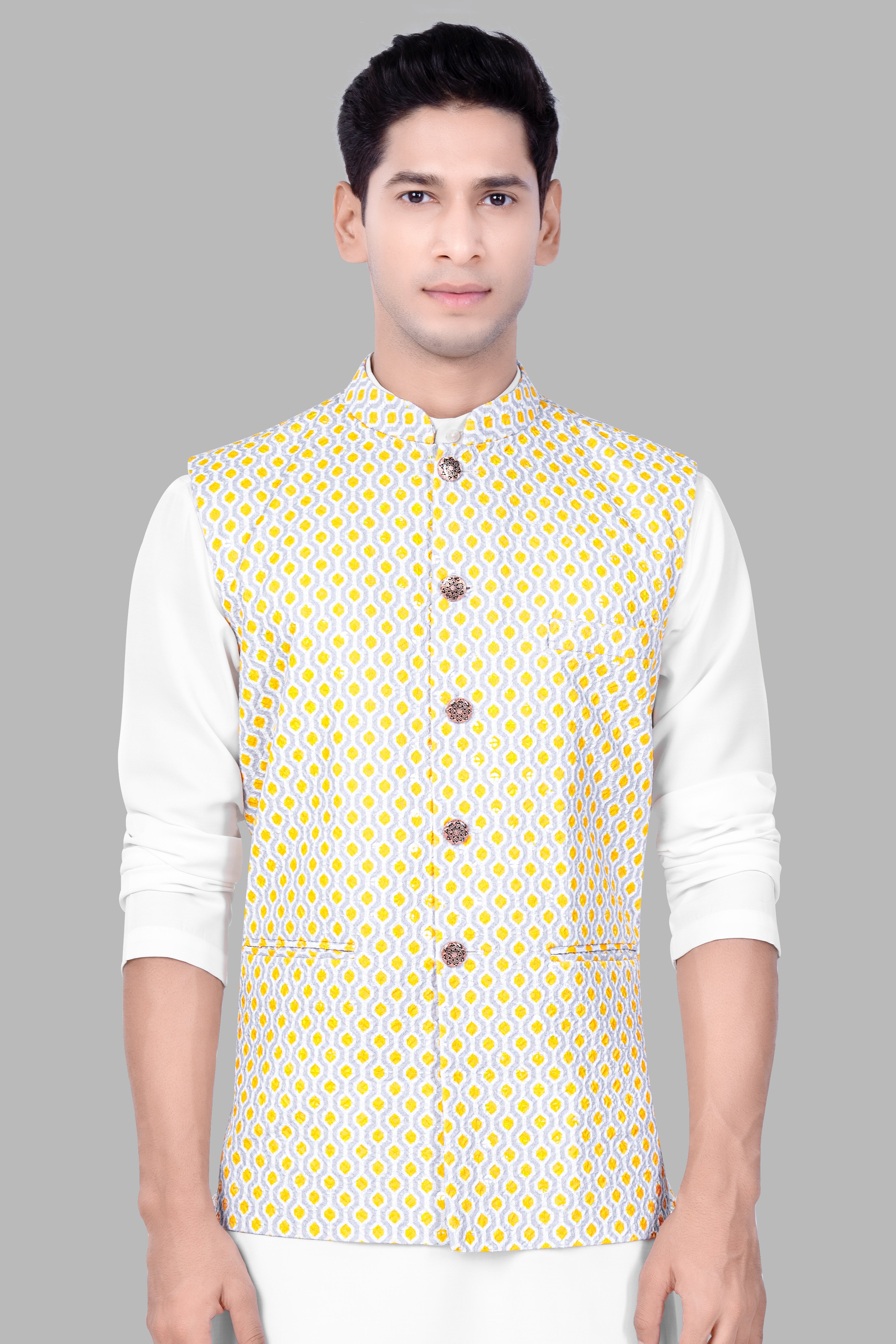 Arylide Yellow And Ghost Gray Designer Embroidered Nehru Jacket