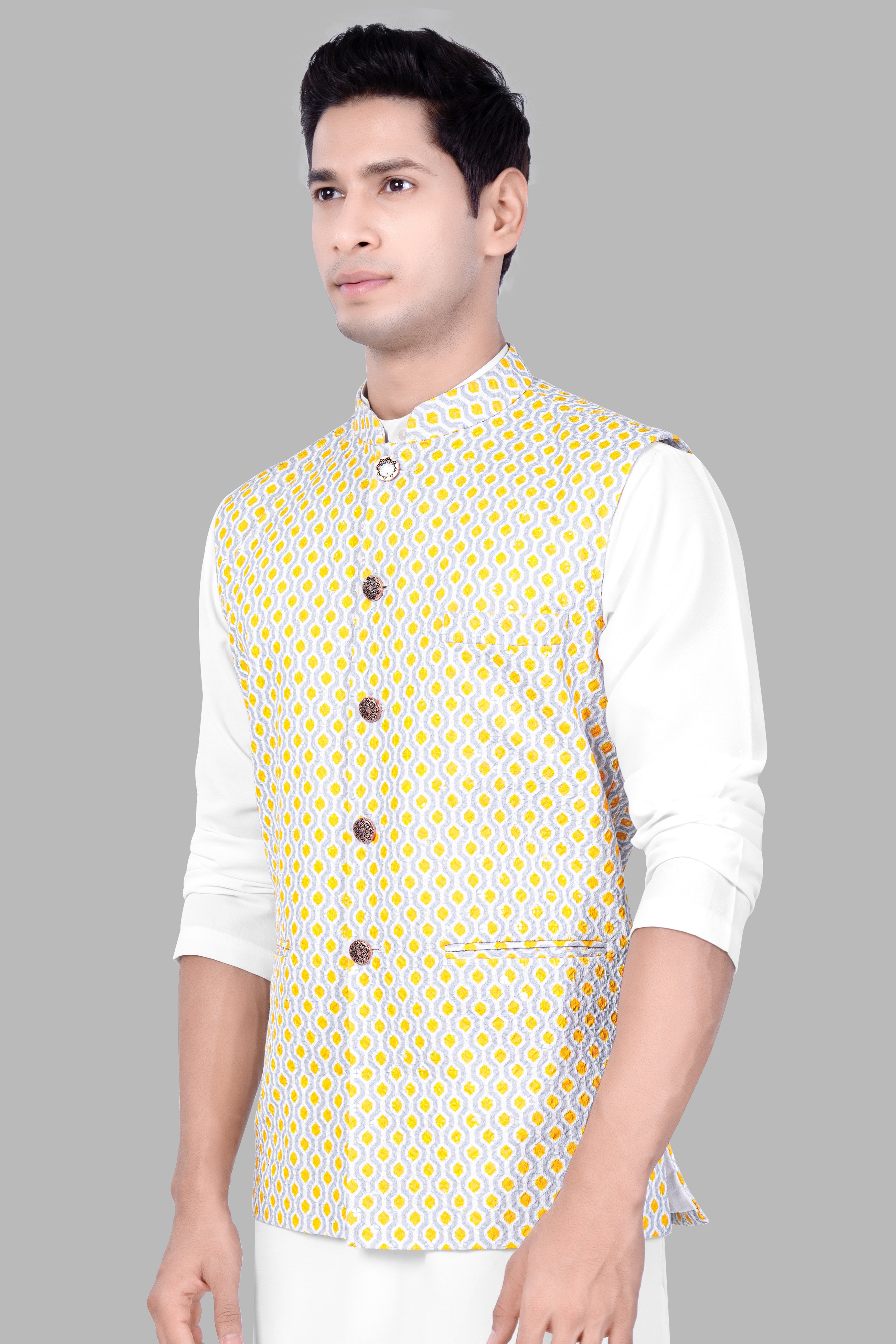 Arylide Yellow And Ghost Gray Designer Embroidered Nehru Jacket