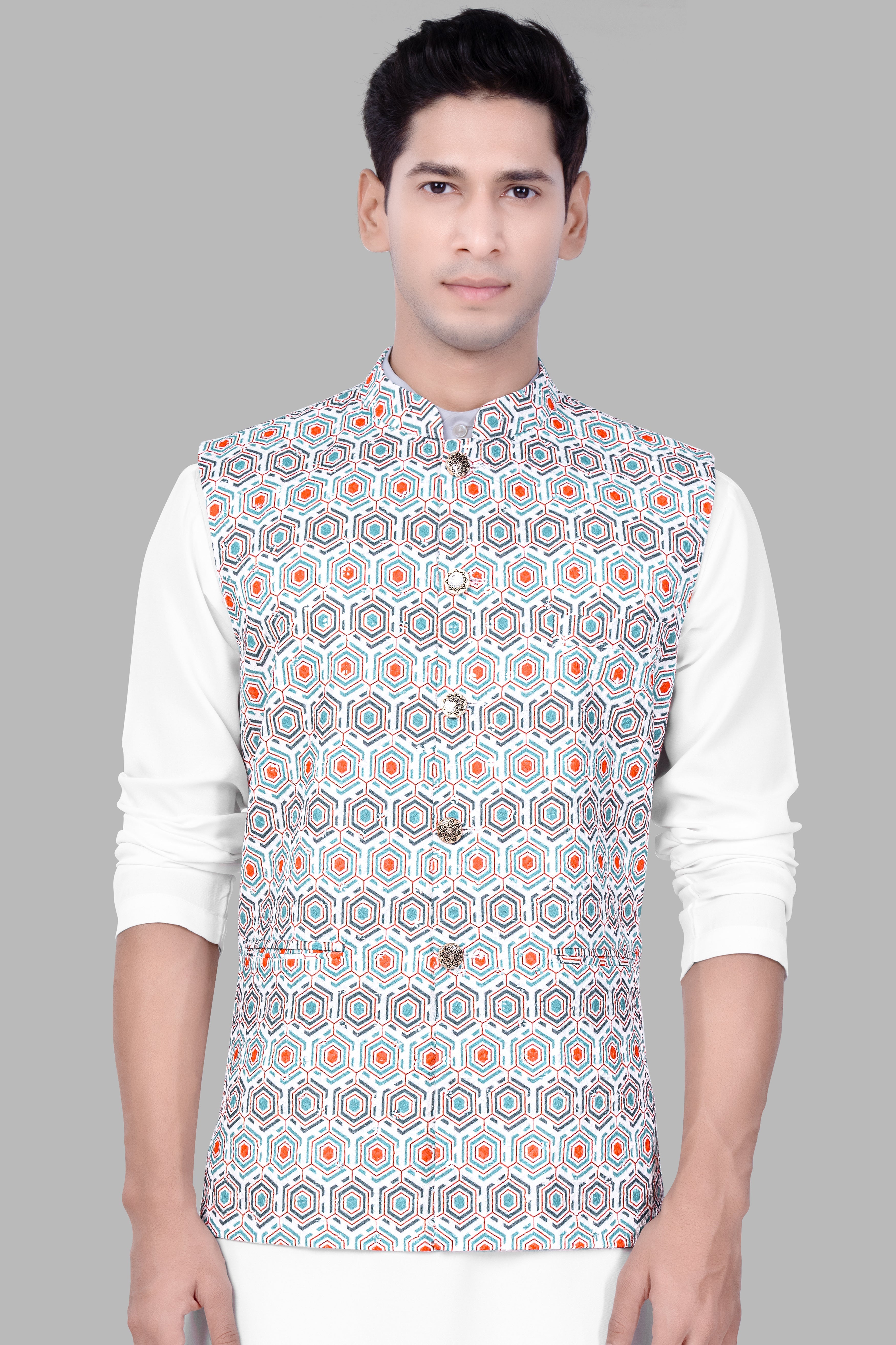 Bright White And Turquoise Blue Designer Embroidered Nehru Jacket