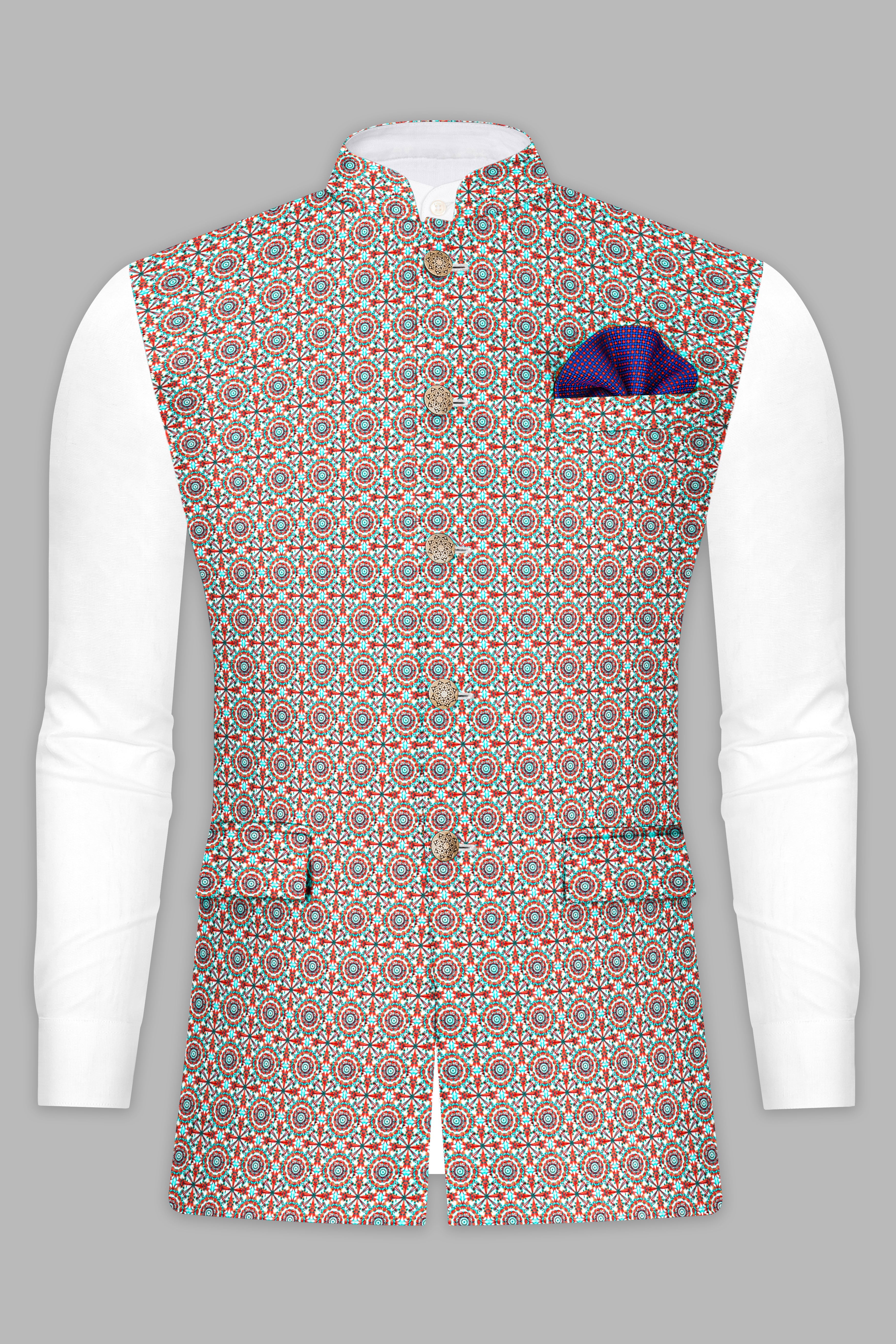 Sienna Red Tron Blue Designer Thread Embroidered Nehru Jacket