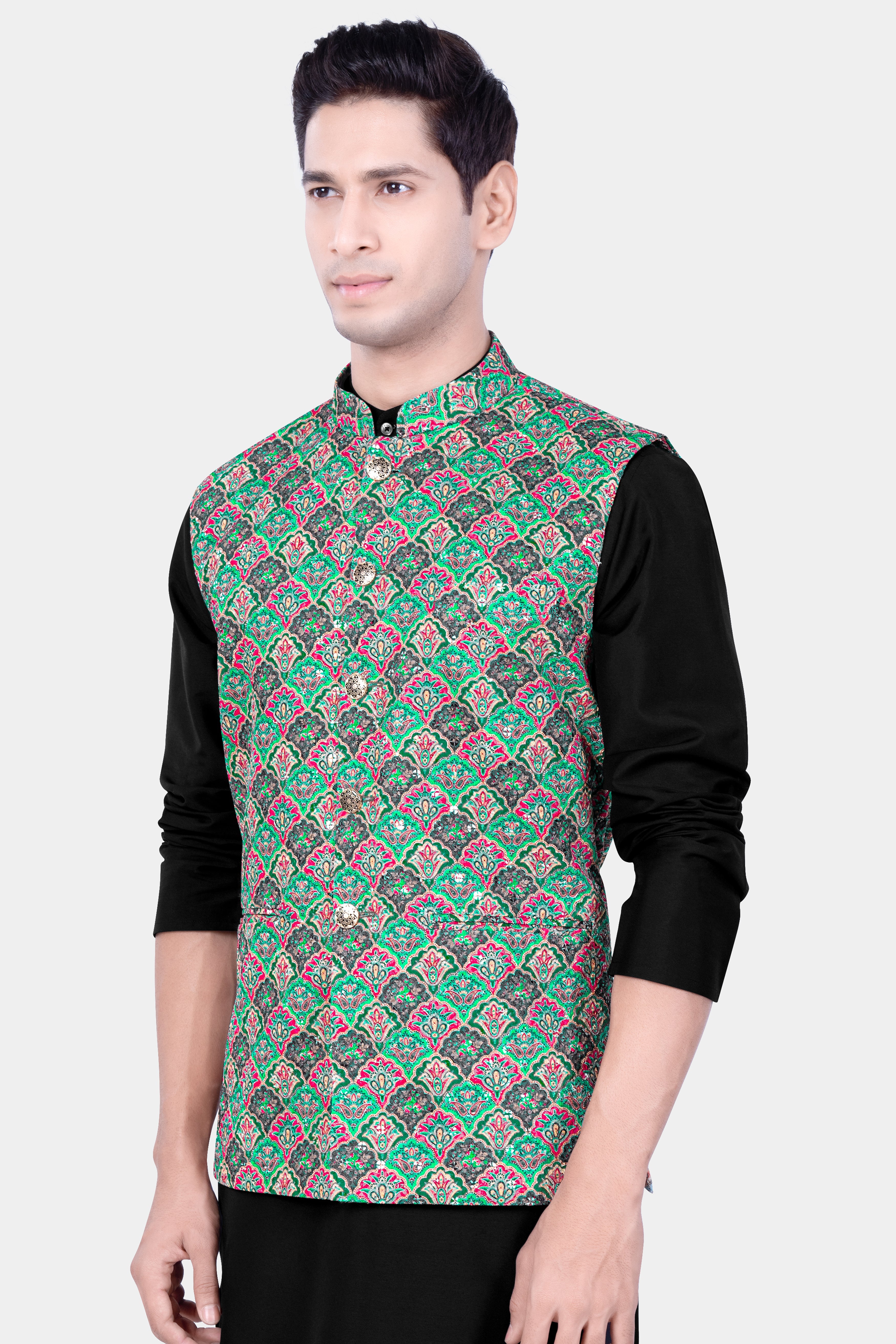 Turquoise Blue And Raspberry Pink Designer Thread Embroidered Nehru Jacket